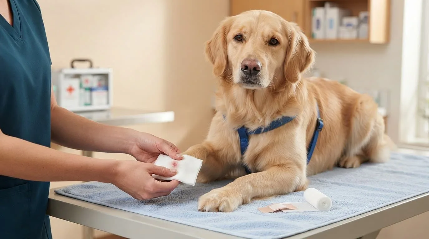 Un chien calme reçoit des soins à une patte dans un espace vétérinaire lumineux.