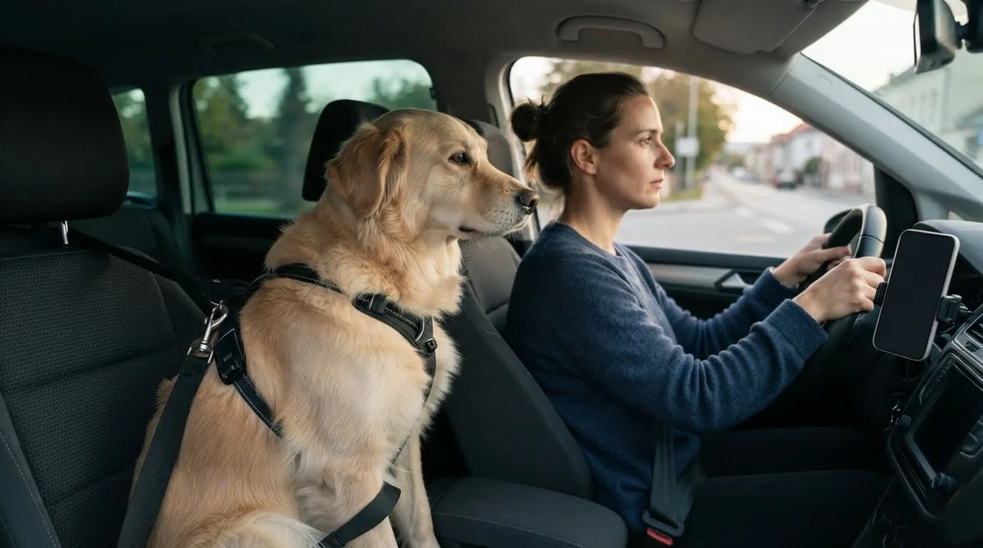 Un grand chien est installé en sécurité à l'arrière d'une voiture conduite vers une clinique vétérinaire.