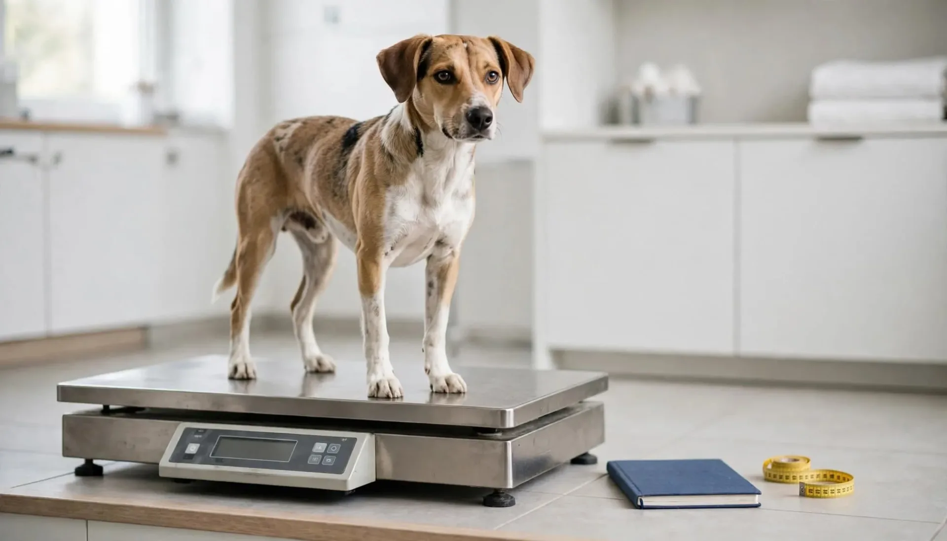 Un jeune chien debout sur une balance vétérinaire, avec un carnet fermé et un mètre ruban à côté.