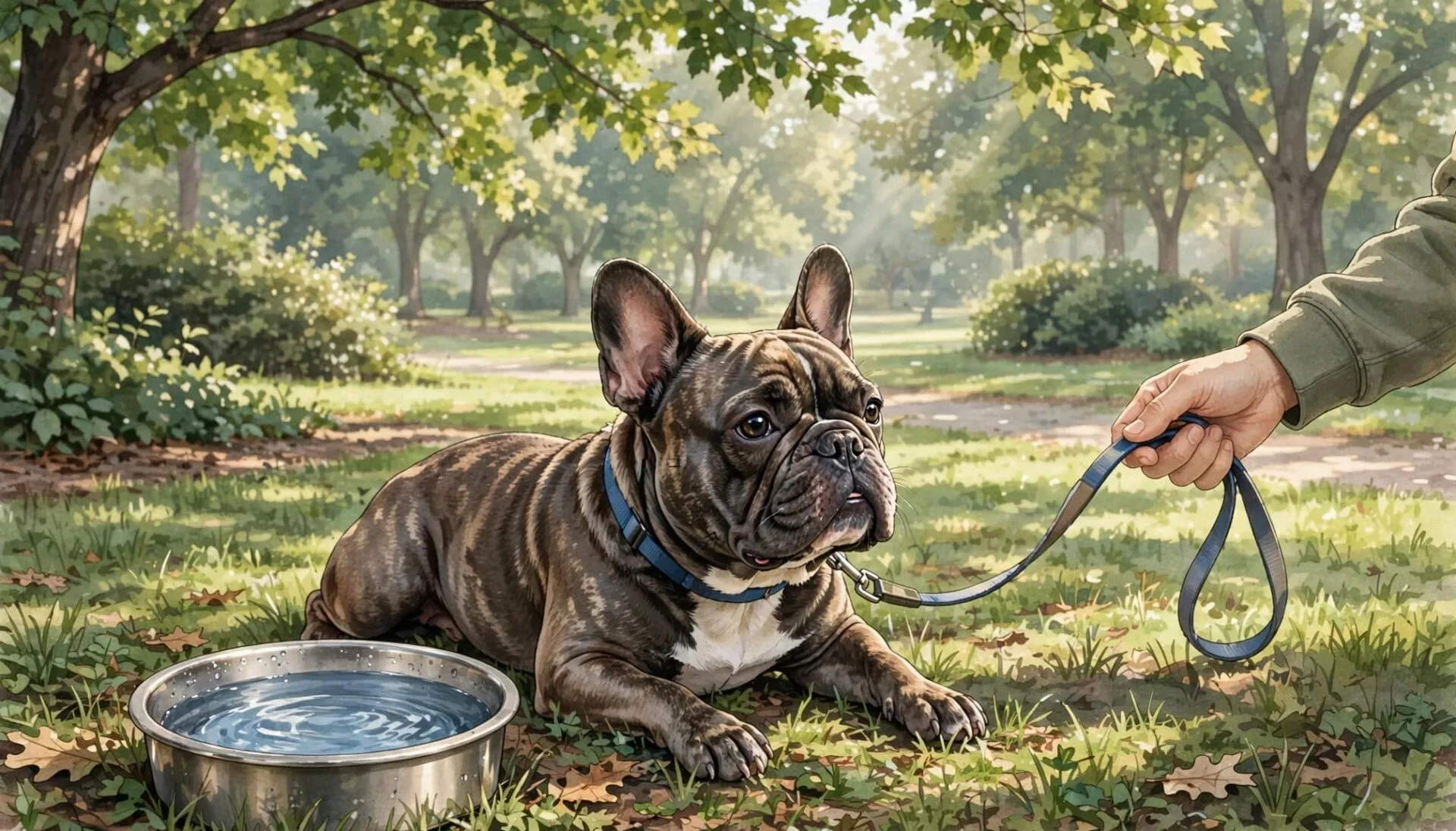 Un bouledogue fran&ccedil;ais se repose &agrave; l'ombre pr&egrave;s d'une gamelle d'eau, accompagn&eacute; par une personne.
