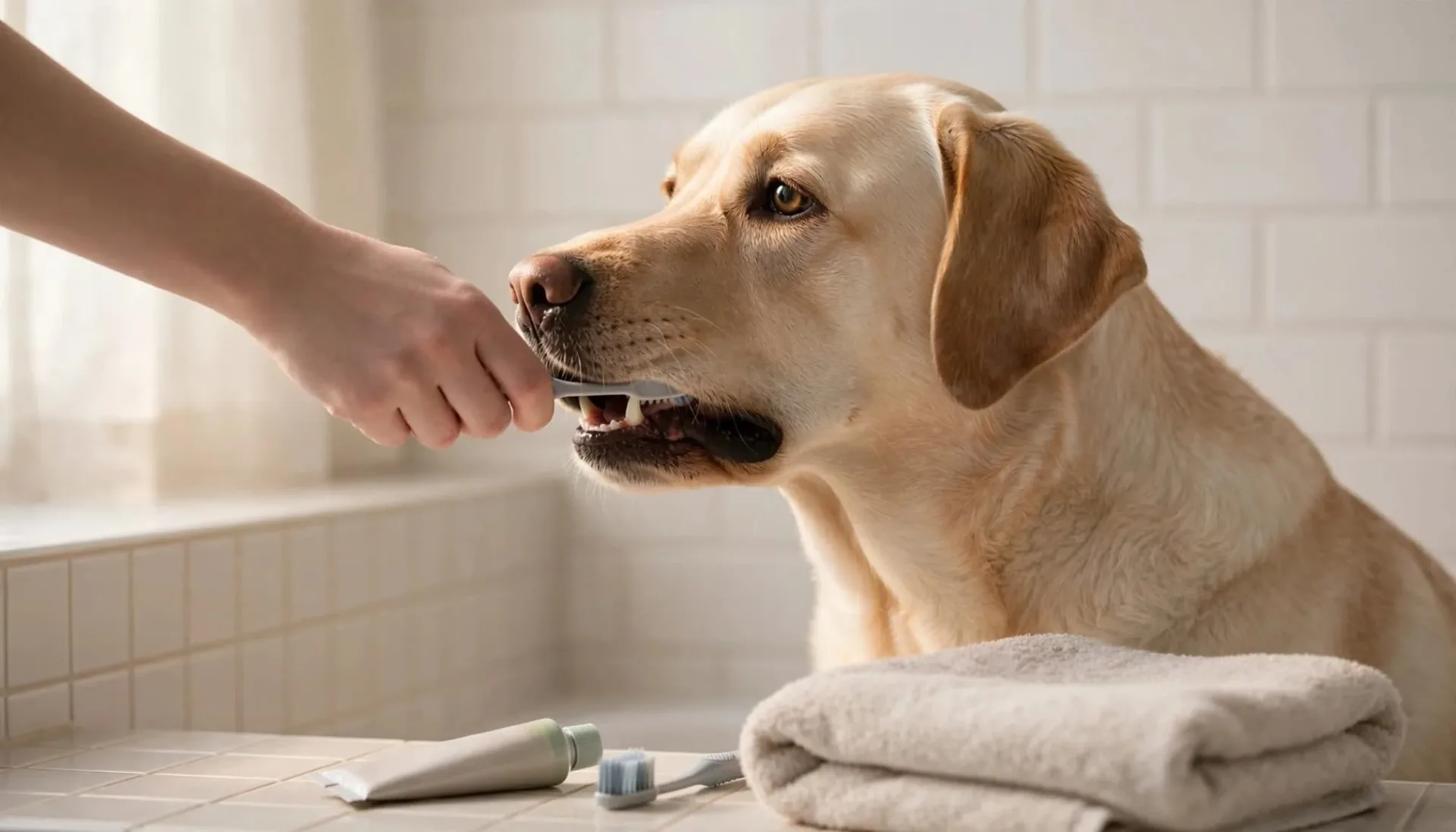 Un chien calme se fait brosser les dents près d'une serviette.
