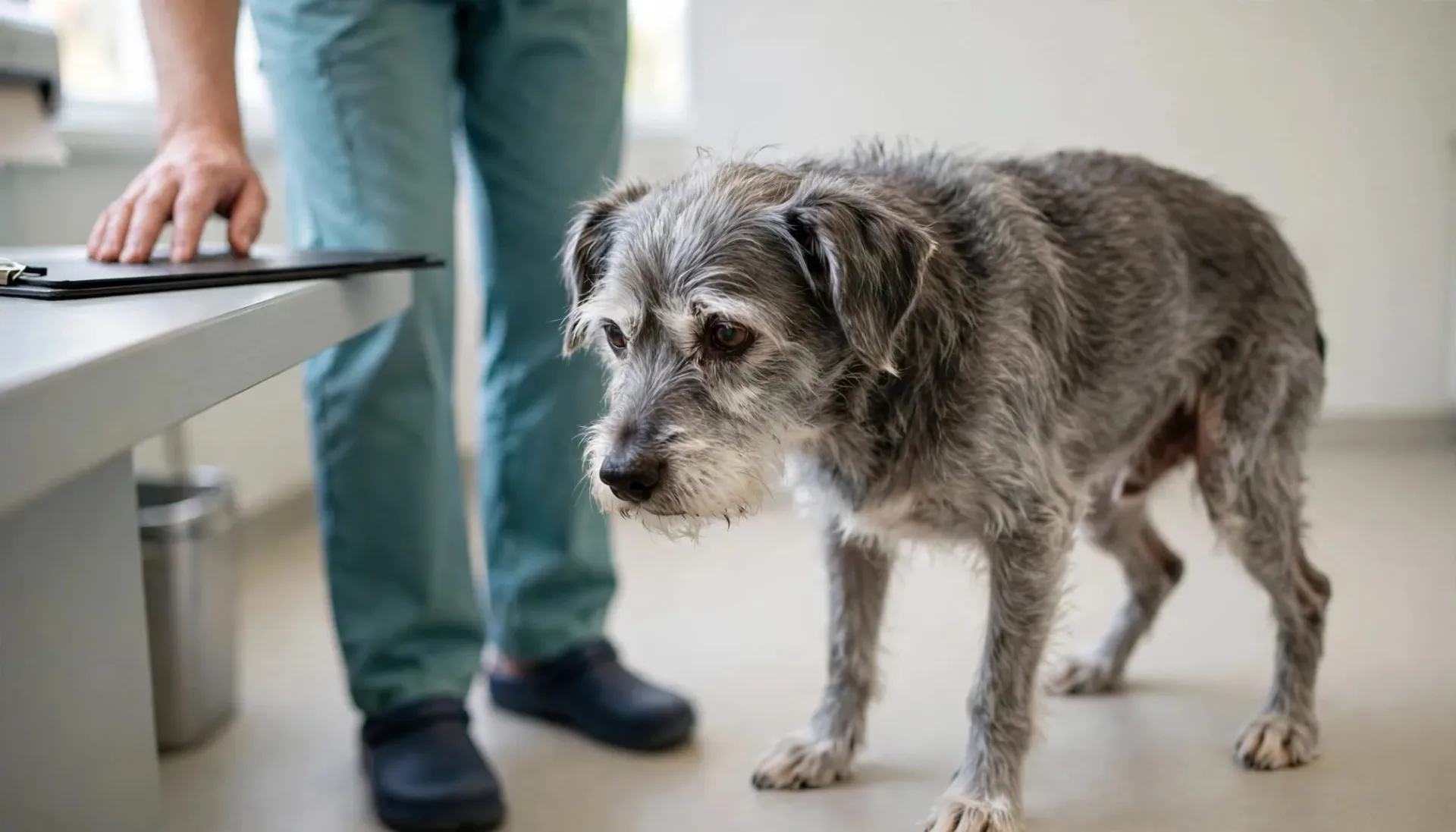 Un chien âgé tremble légèrement dans une salle d'examen vétérinaire.