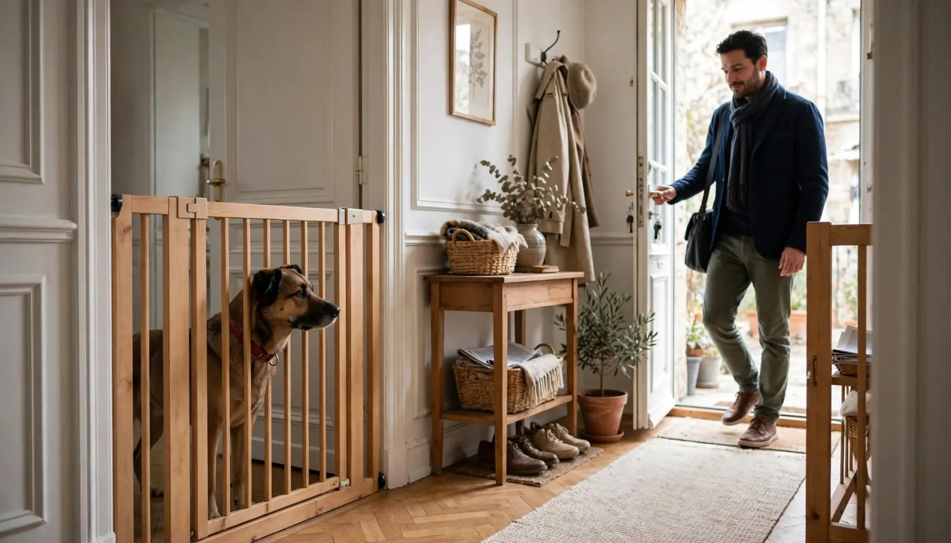 Un chien observe calmement un invité depuis derrière une barrière intérieure.