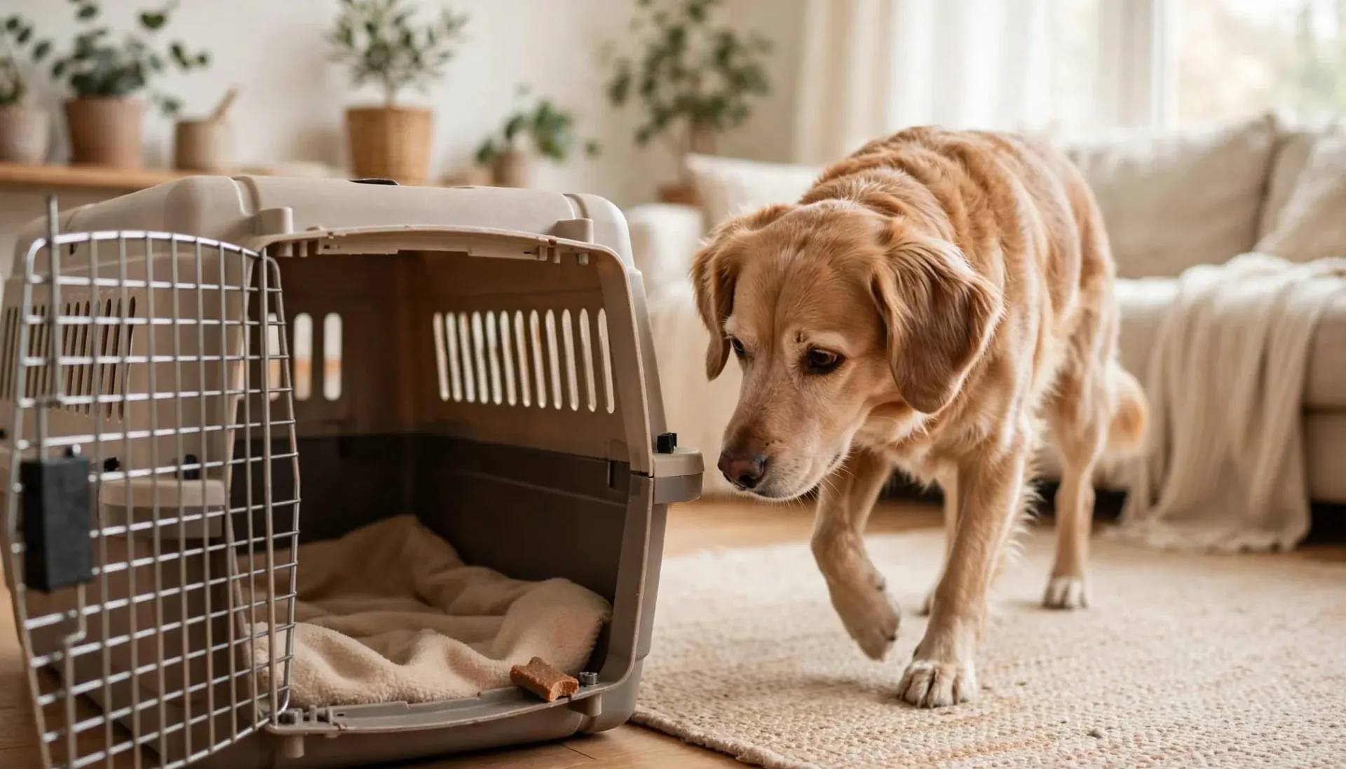 Un chien détendu s'approche d'une caisse ouverte où l'attend une friandise.