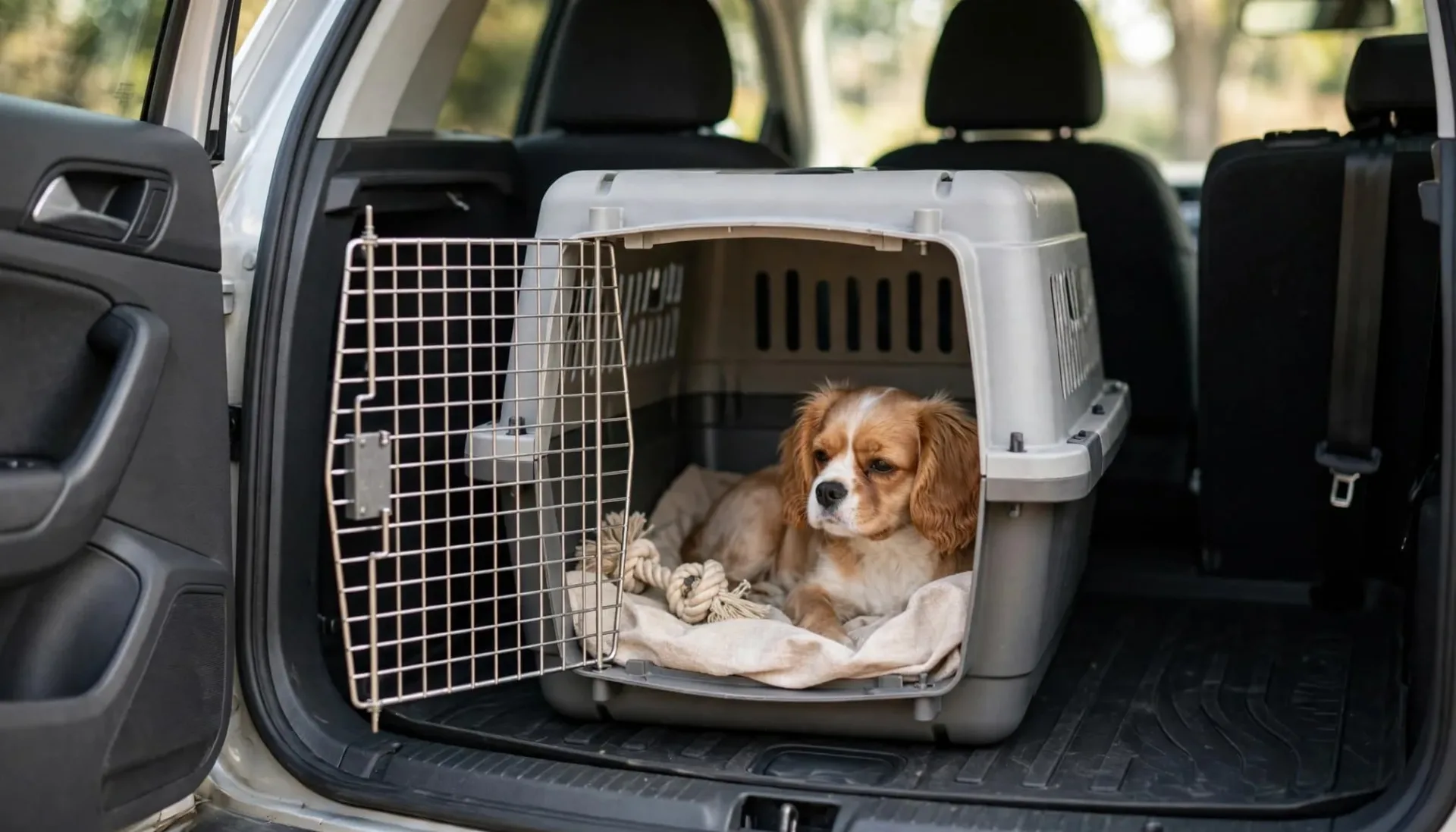 Un petit chien repose dans une caisse ouverte à l'arrière d'une voiture.