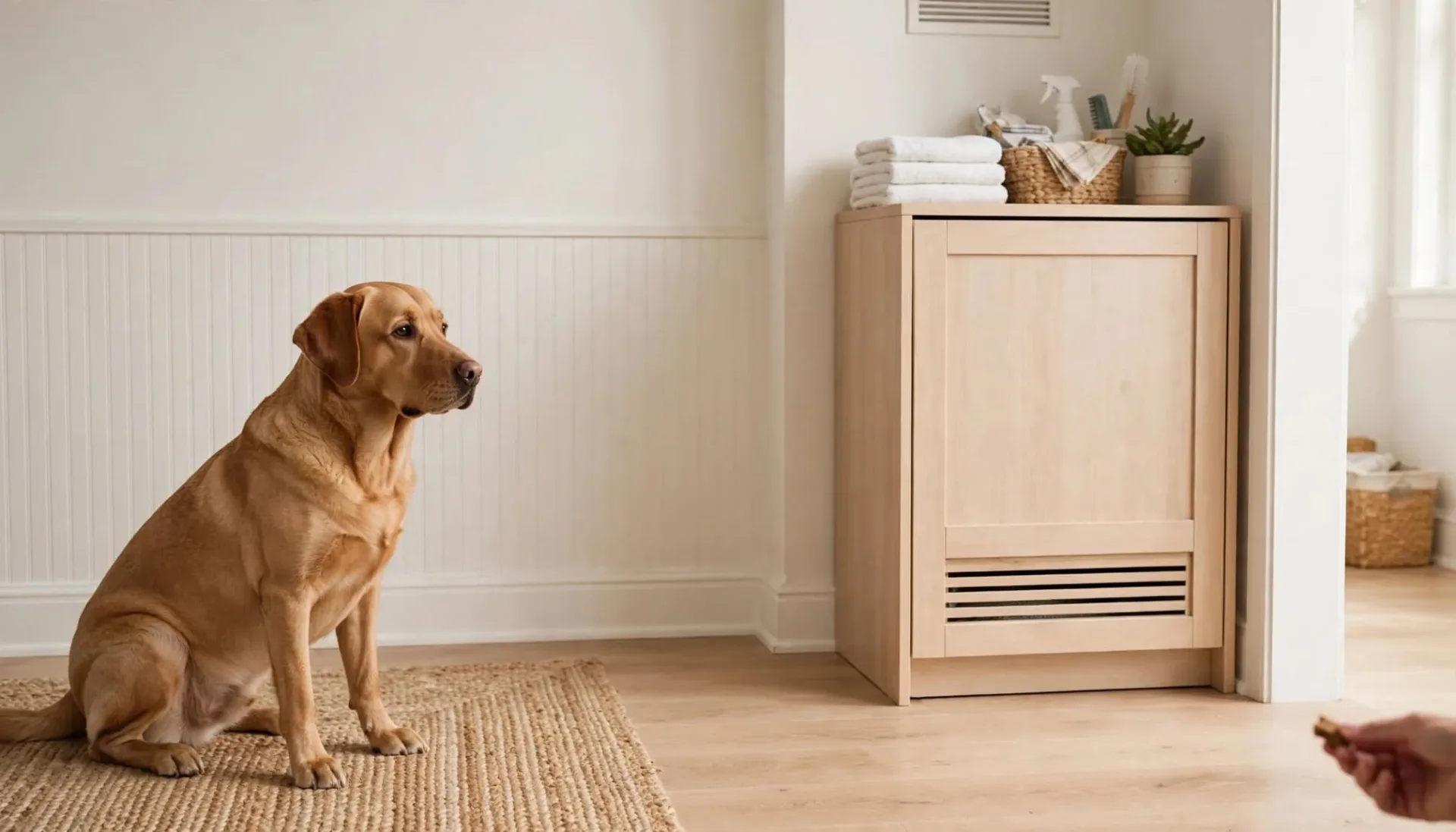 Un chien assis regarde une friandise près d'un meuble fermé pour litière.