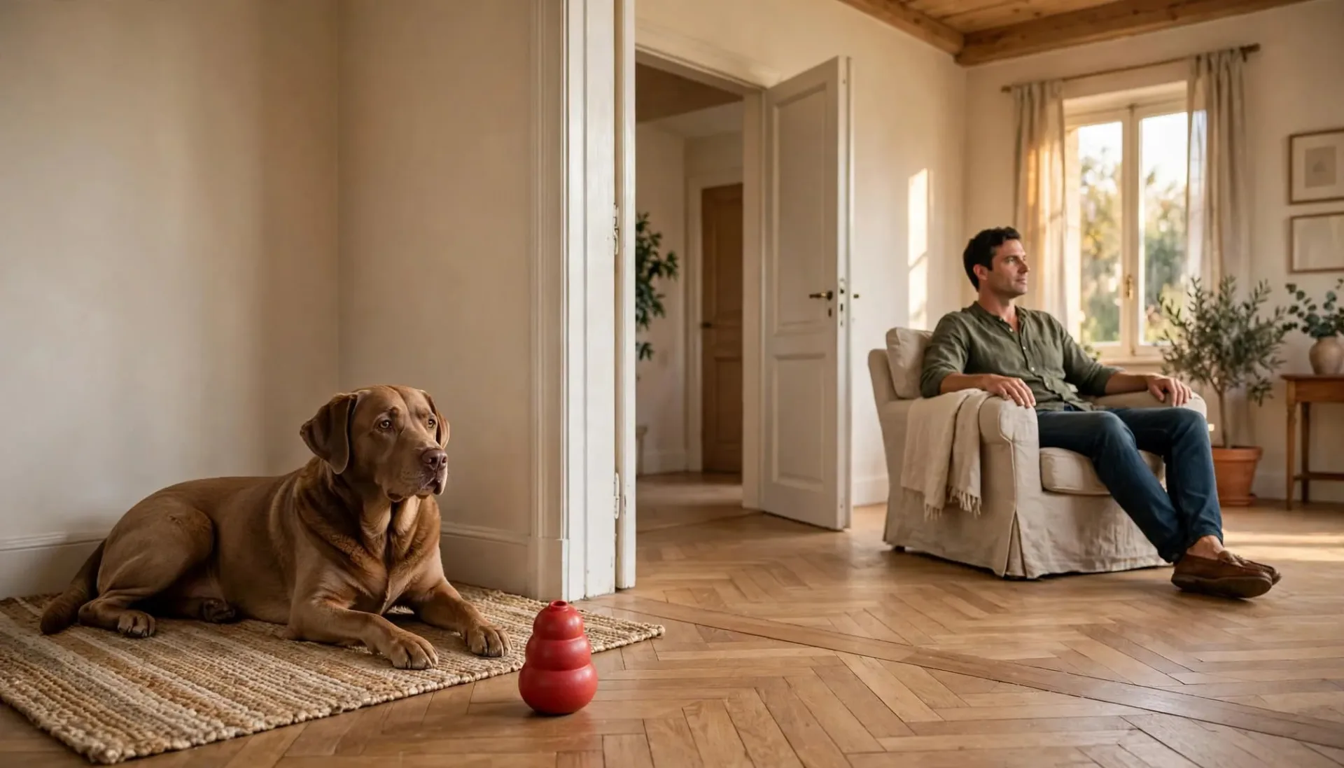 Un chien se repose sur son tapis près d'un invité assis.