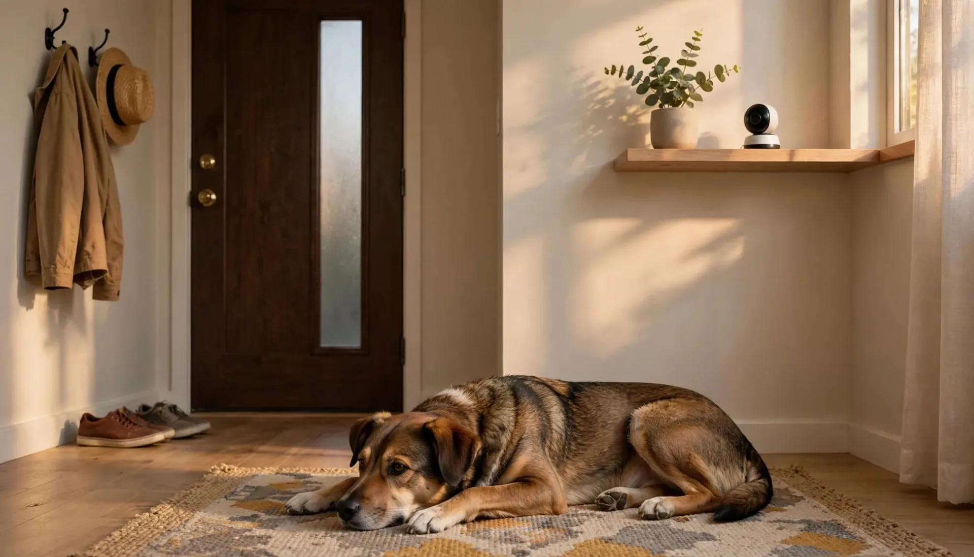 Un chien repose sur un tapis près de l'entrée, sous l'œil d'une caméra sur une étagère.