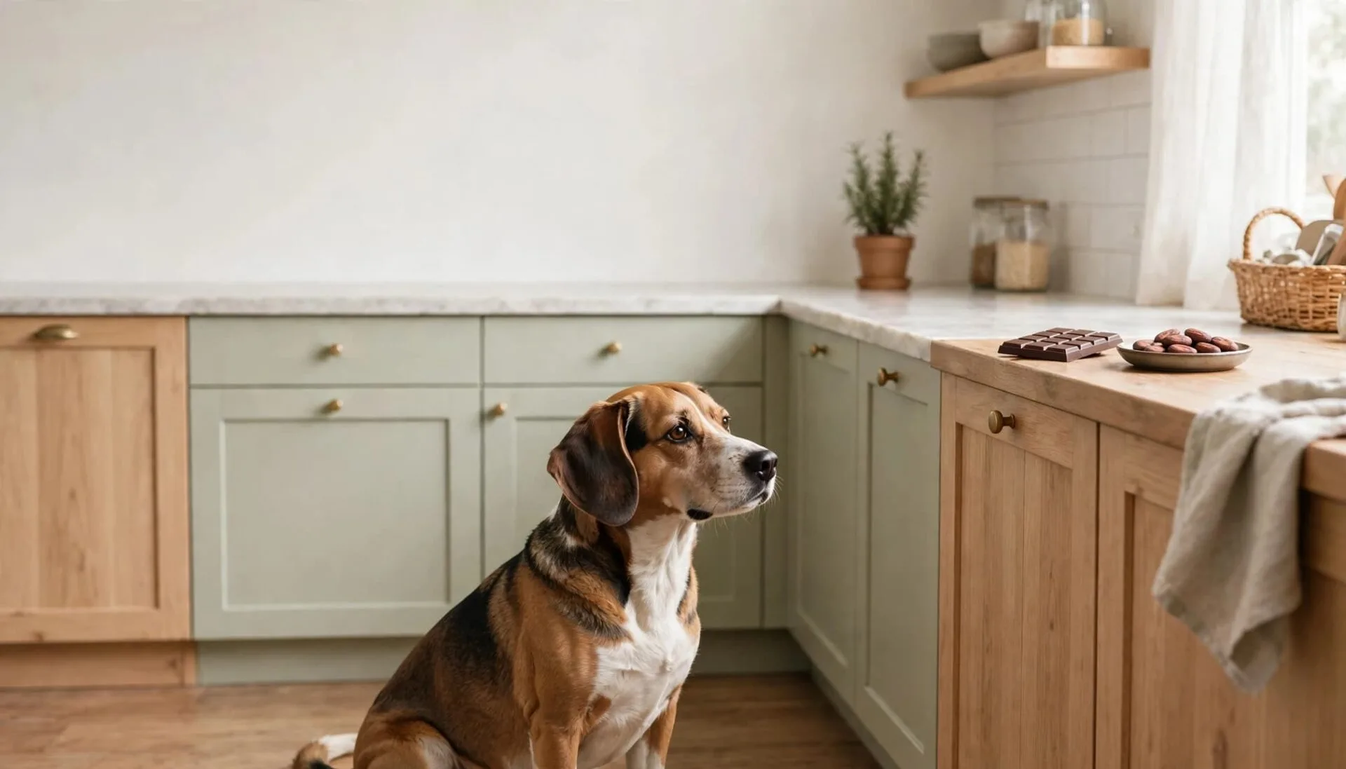 Un chien assis près de chocolat placé hors de sa portée dans une cuisine lumineuse.