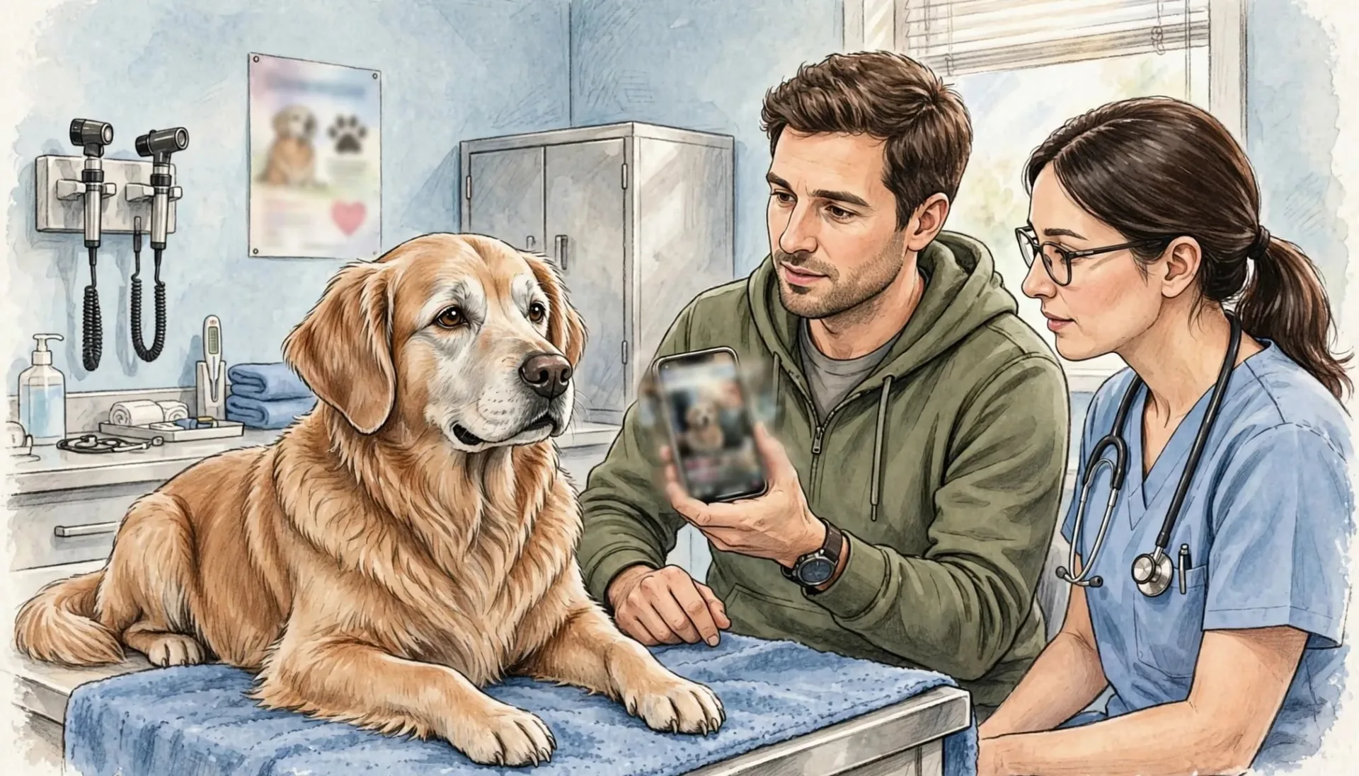 Un chien &acirc;g&eacute; observe la v&eacute;t&eacute;rinaire, tandis que son propri&eacute;taire montre une vid&eacute;o sur son t&eacute;l&eacute;phone.