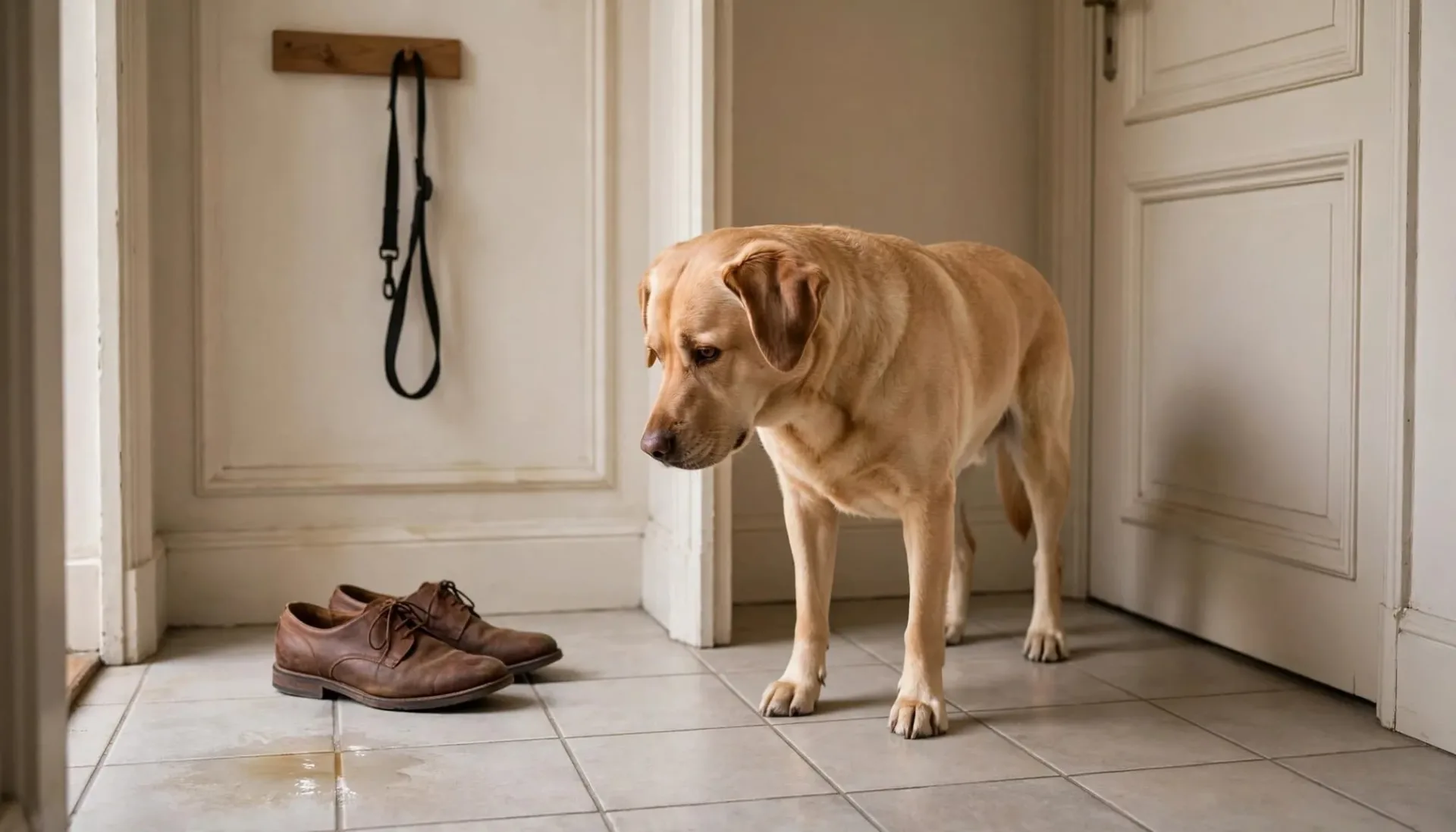 Un chien devant une porte, pr&egrave;s d'une petite flaque sur le carrelage.
