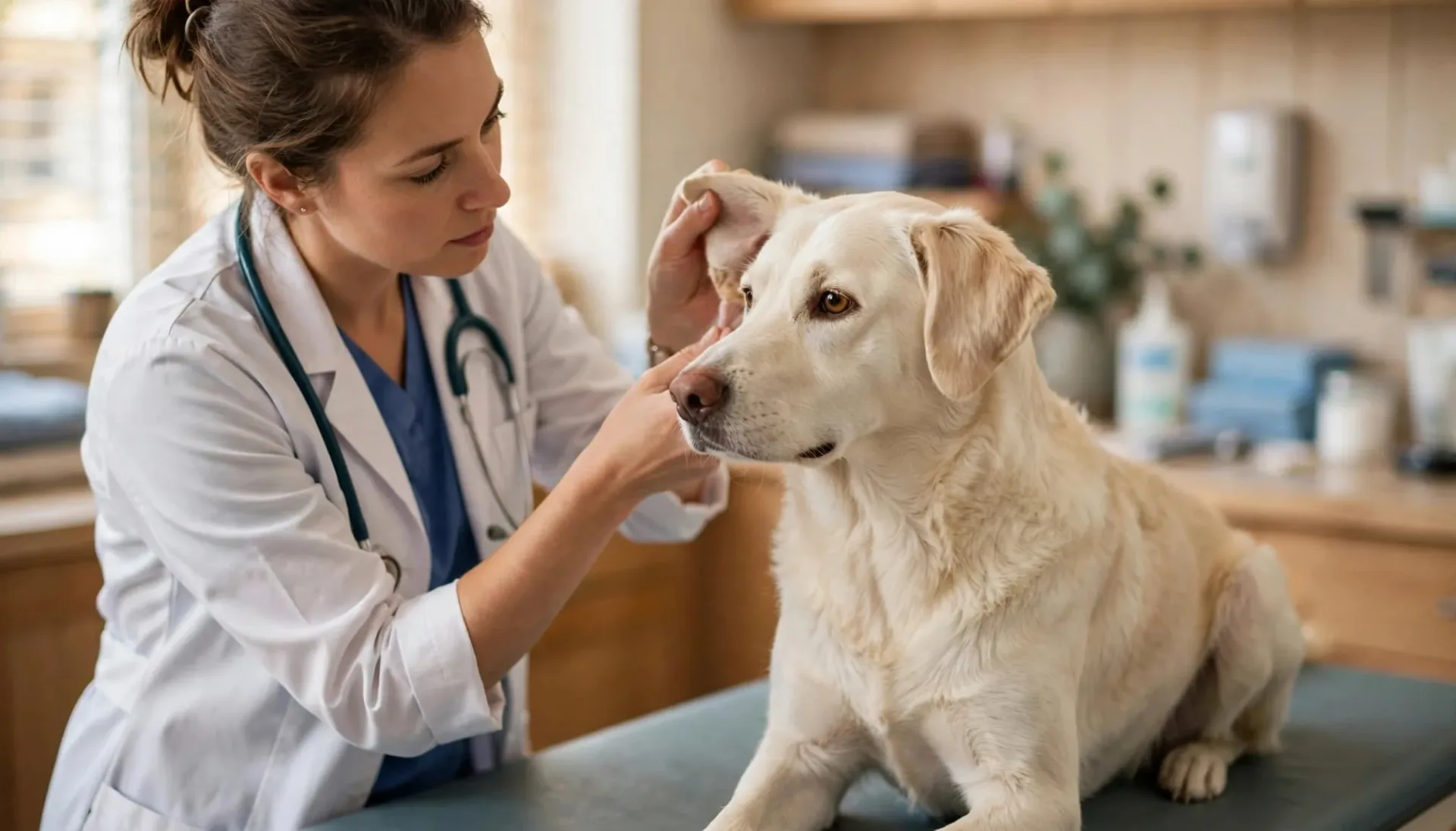 Une vétérinaire observe la peau et les oreilles d'un chien clair.