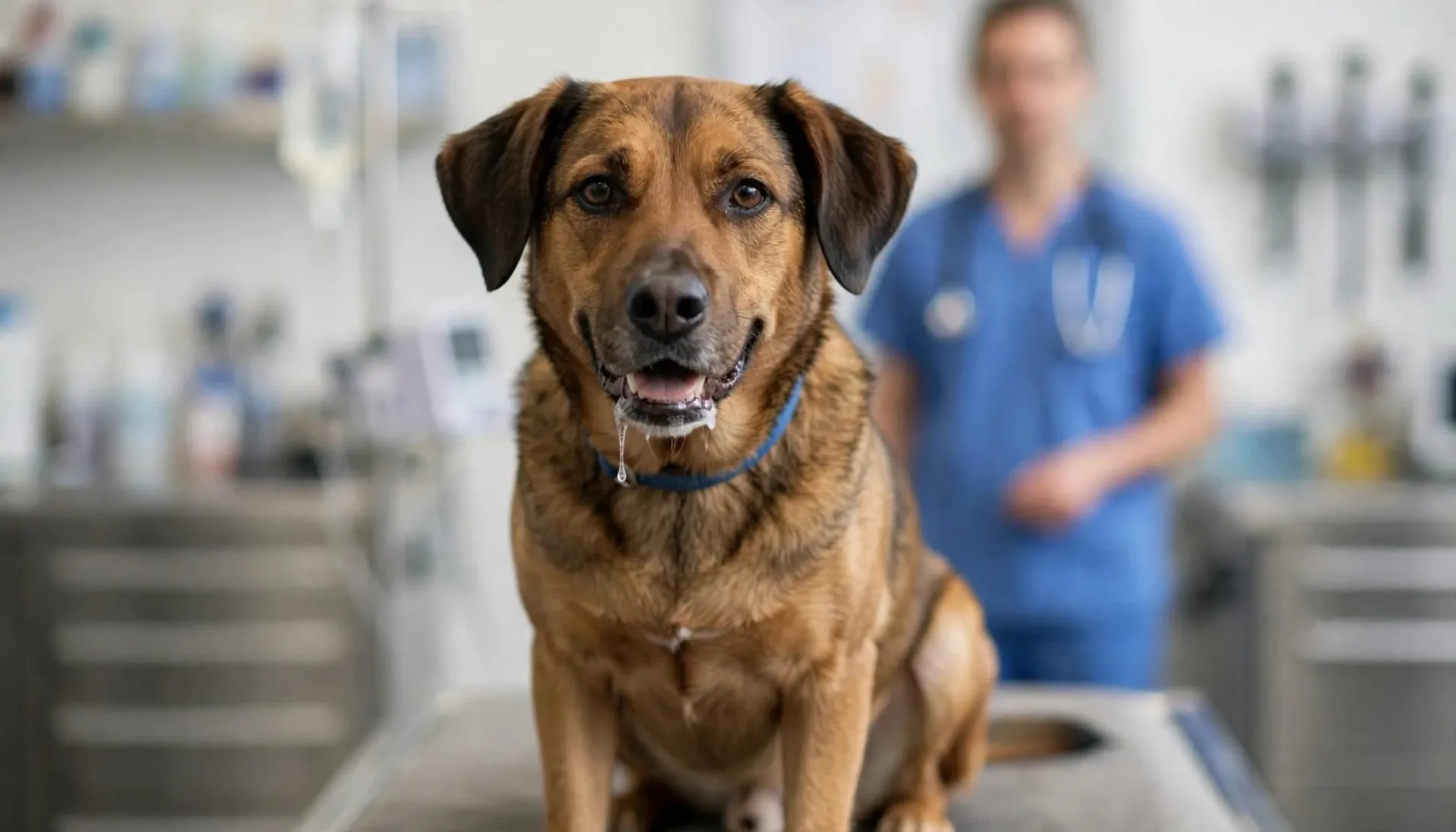 Un chien assis est examiné par un vétérinaire dans une salle médicale.