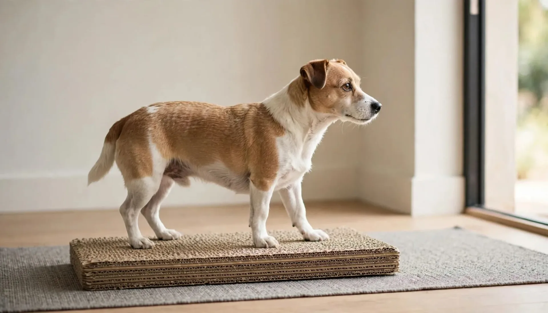 Un petit chien utilise une planche texturée dans une entrée lumineuse.