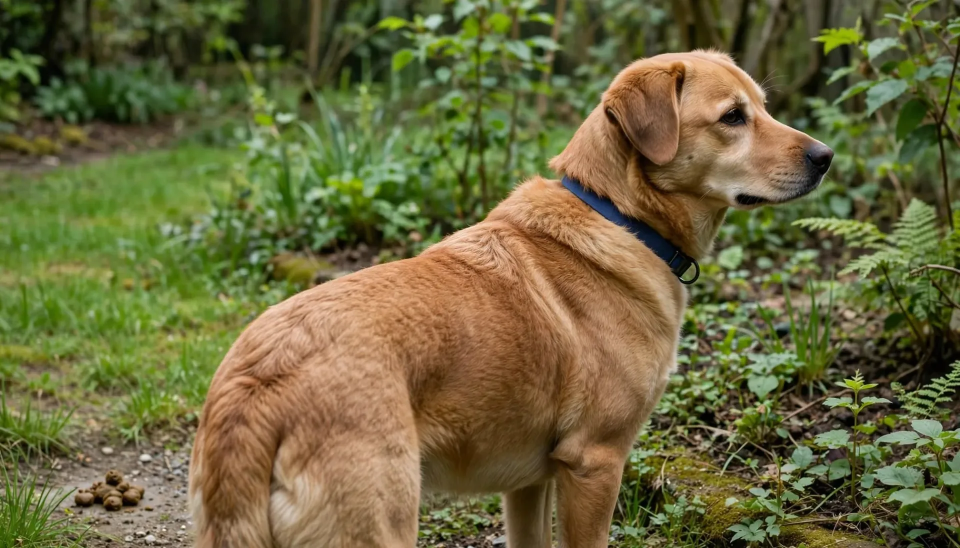 Un chien se détourne d'un petit tas sur un sentier et regarde son maître hors champ.