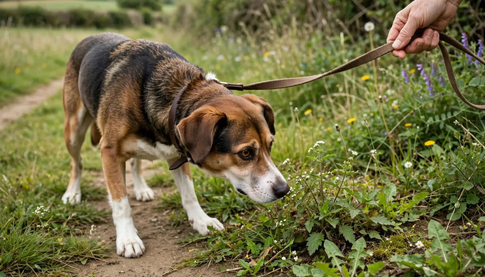 Un chien en laisse renifle une plante au bord d'un sentier.