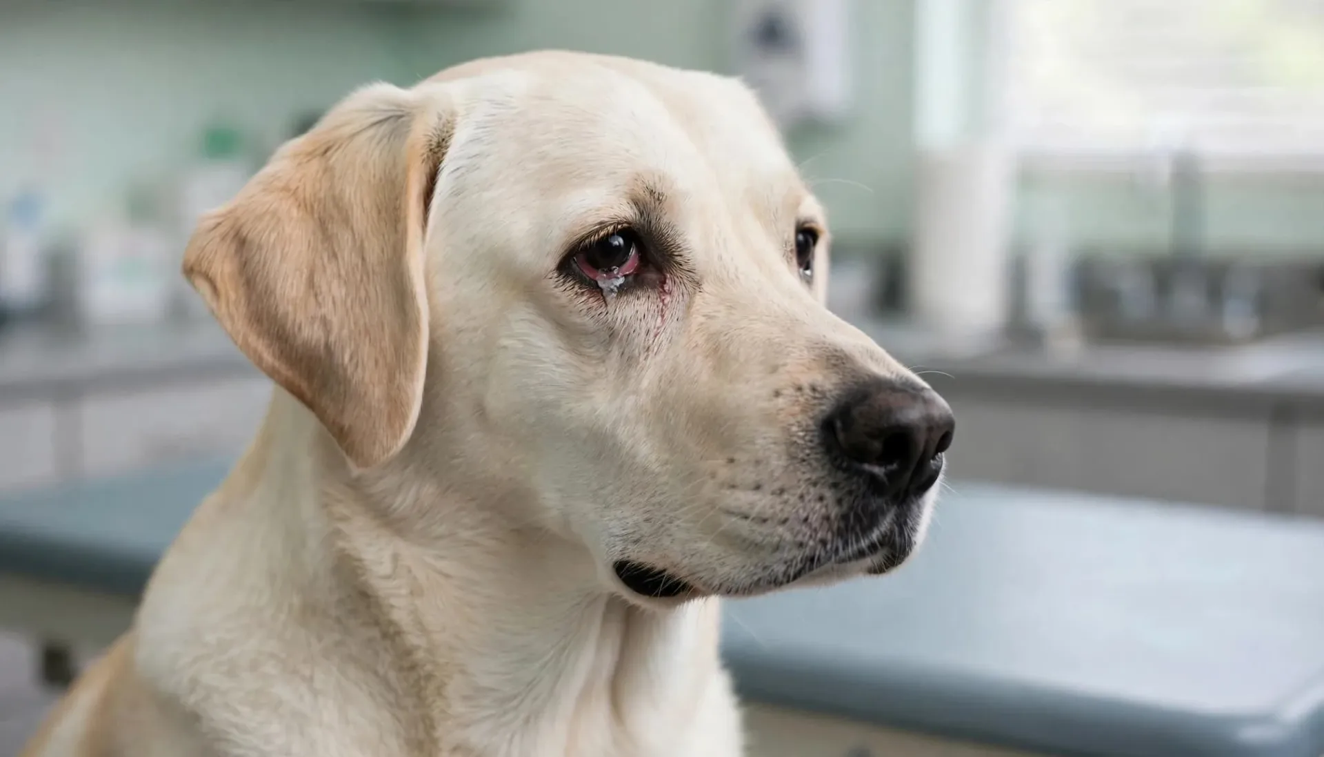 Un chien clair assis sur une table d'examen, avec un œil légèrement rouge et larmoyant.