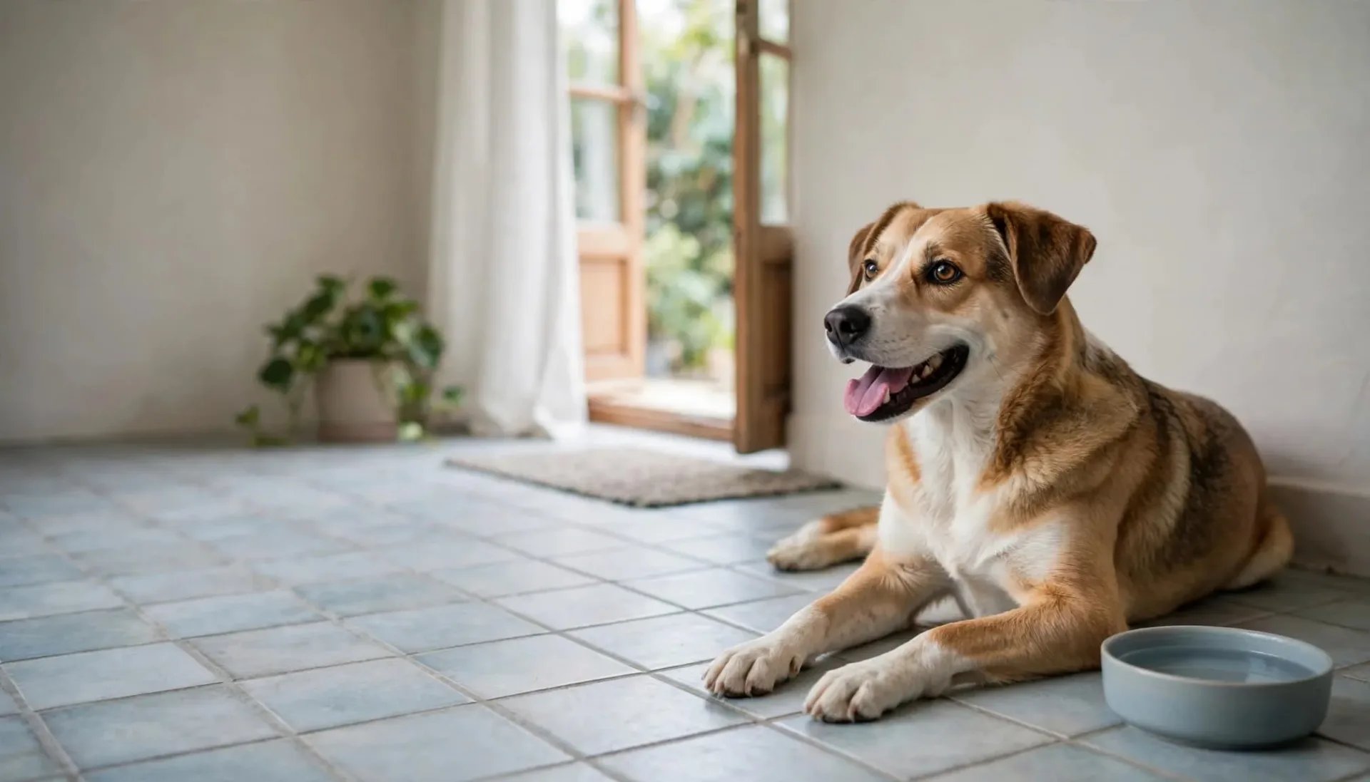 Un chien haletant repose sur un sol carrelé, près d'une gamelle et d'une fenêtre ouverte.