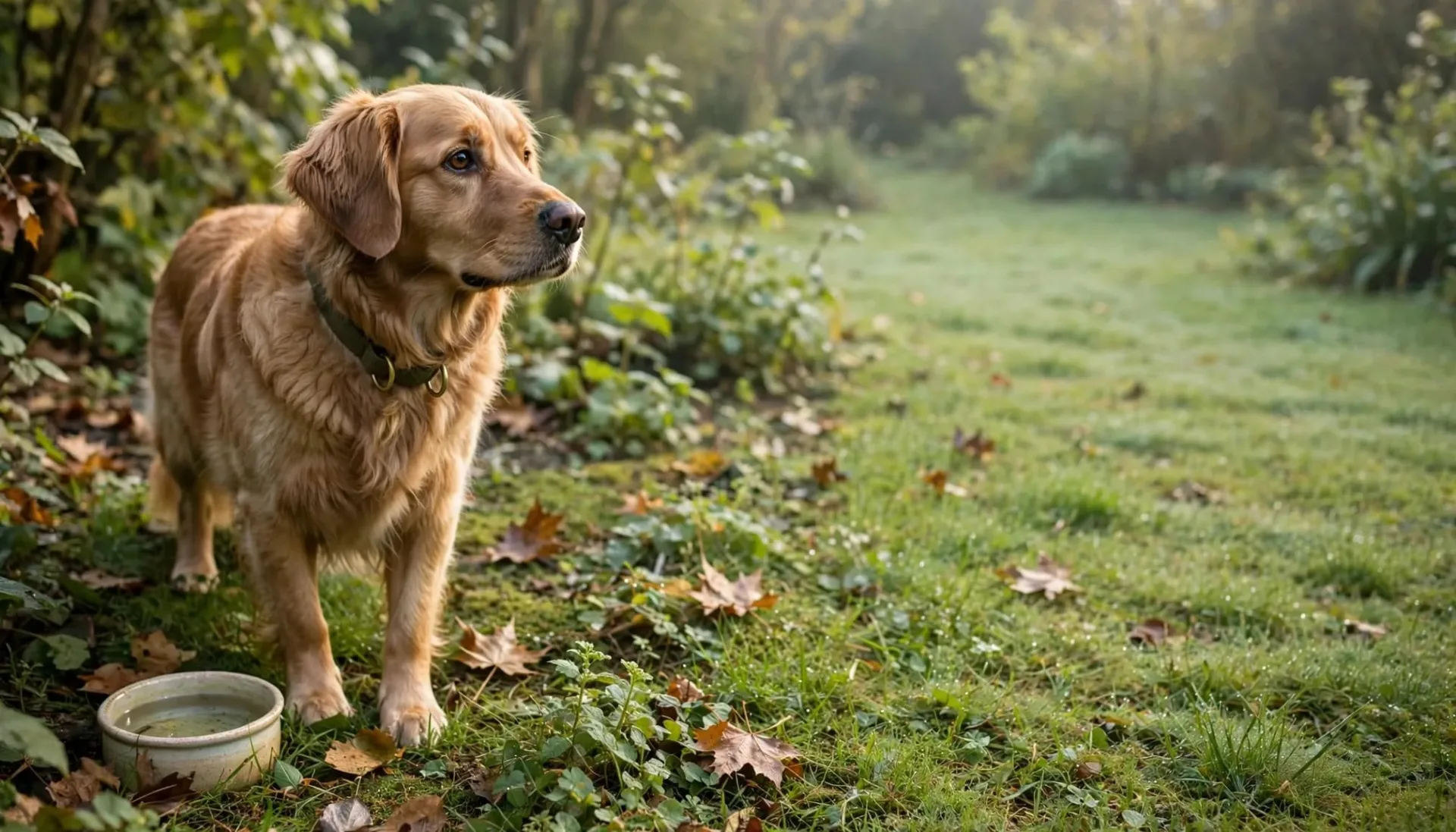 Un chien observe le jardin pr&egrave;s d'une petite gamelle d'eau.