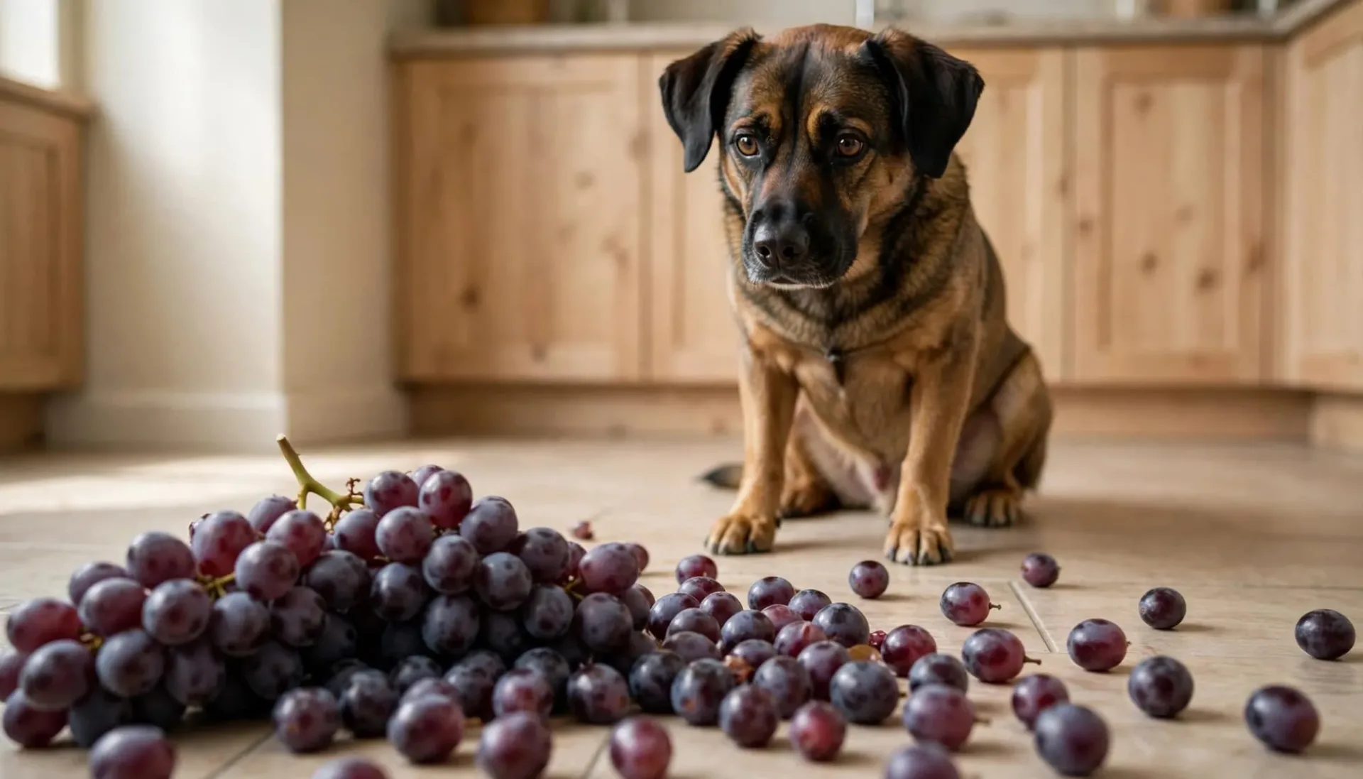 Un chien observe des raisins renvers&eacute;s sur le sol de la cuisine.