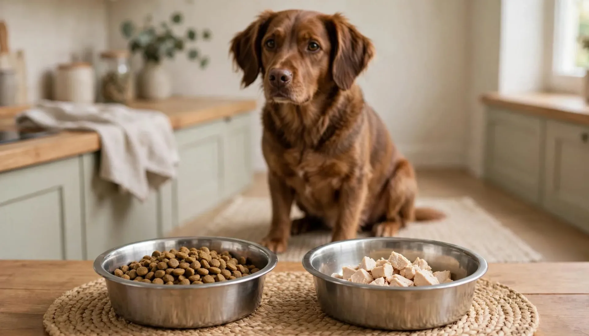 Un chien brun observe deux bols propres contenant sa ration contrôlée.