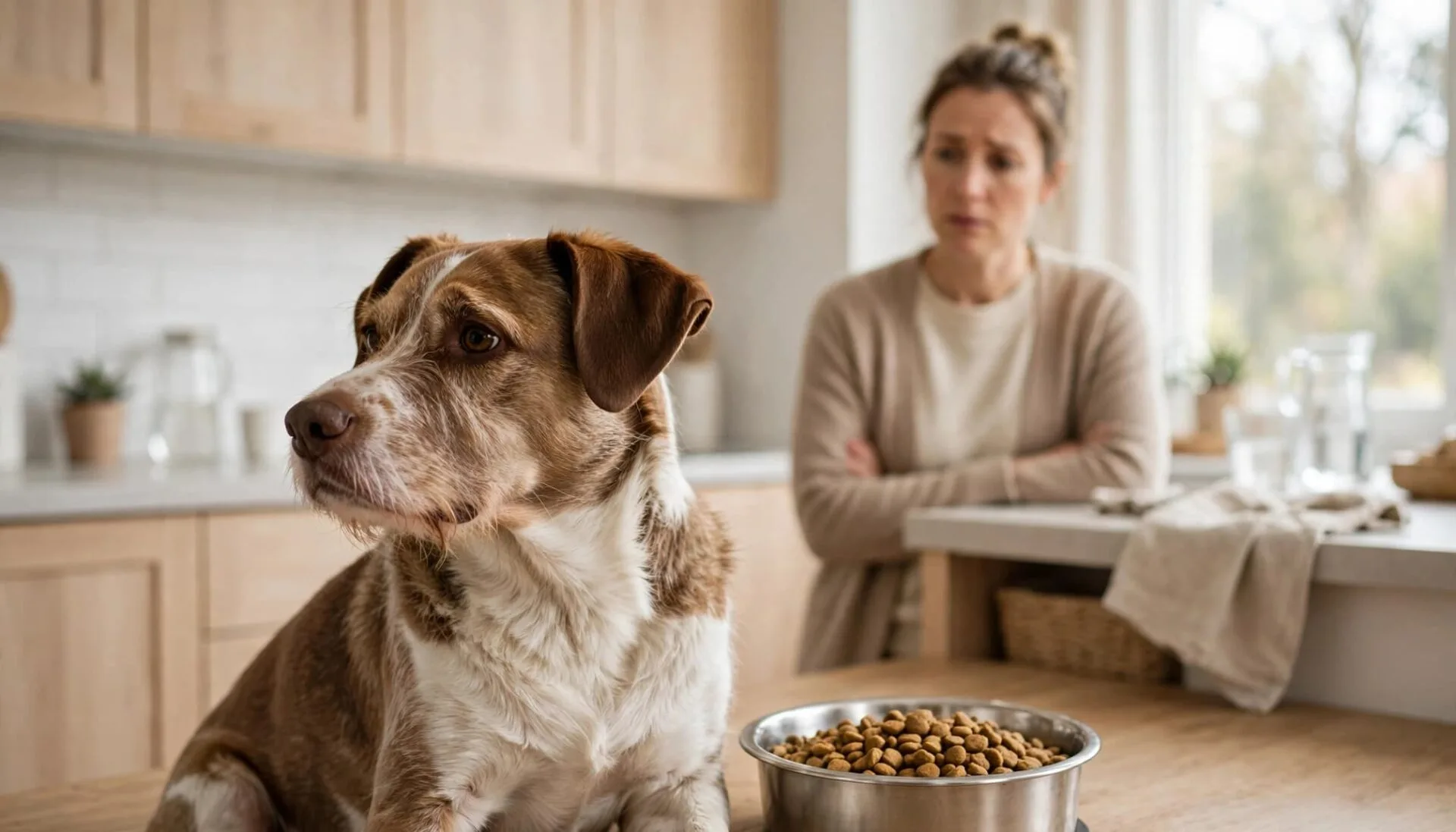 Un chien assis boude une gamelle pleine, tandis que son propri&eacute;taire l'observe dans une cuisine lumineuse.