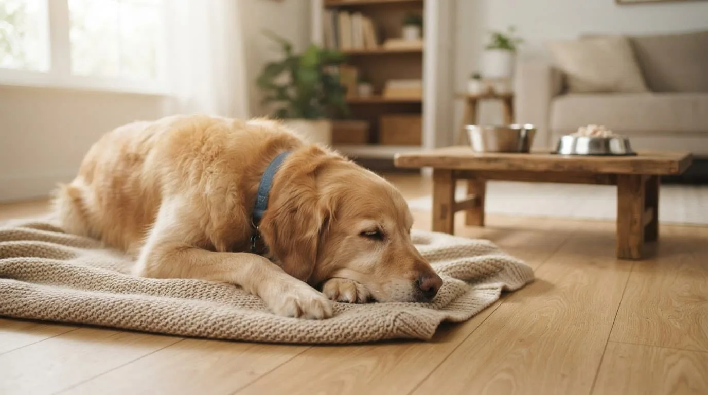 Un chien au repos avec de l'eau et une ration alimentaire plac&eacute;es &agrave; distance.