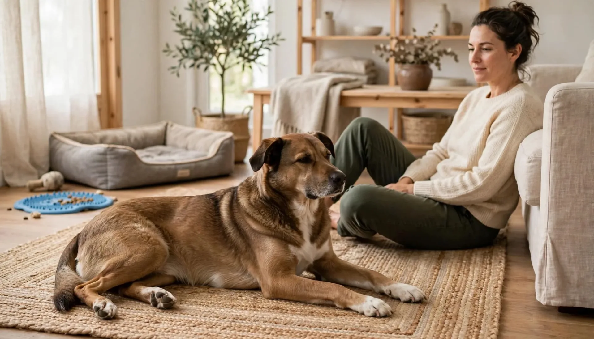 Un chien se repose sur un tapis, près d'un adulte assis à distance.