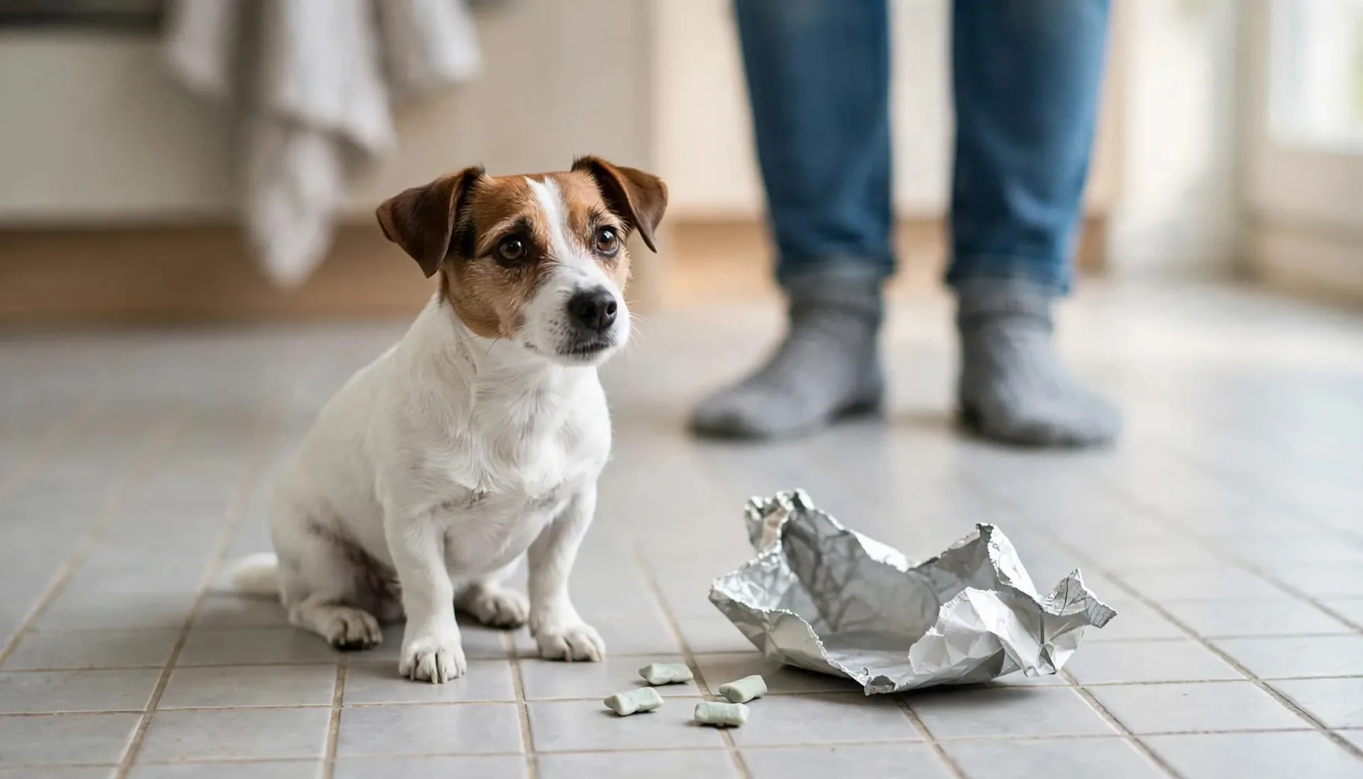 Un petit chien est assis près d'un emballage déchiré et de morceaux de chewing-gum.