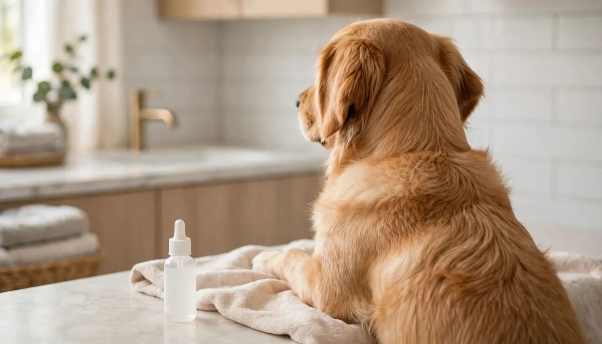 Un chien calme près d'une bouteille de soin auriculaire et d'une serviette.