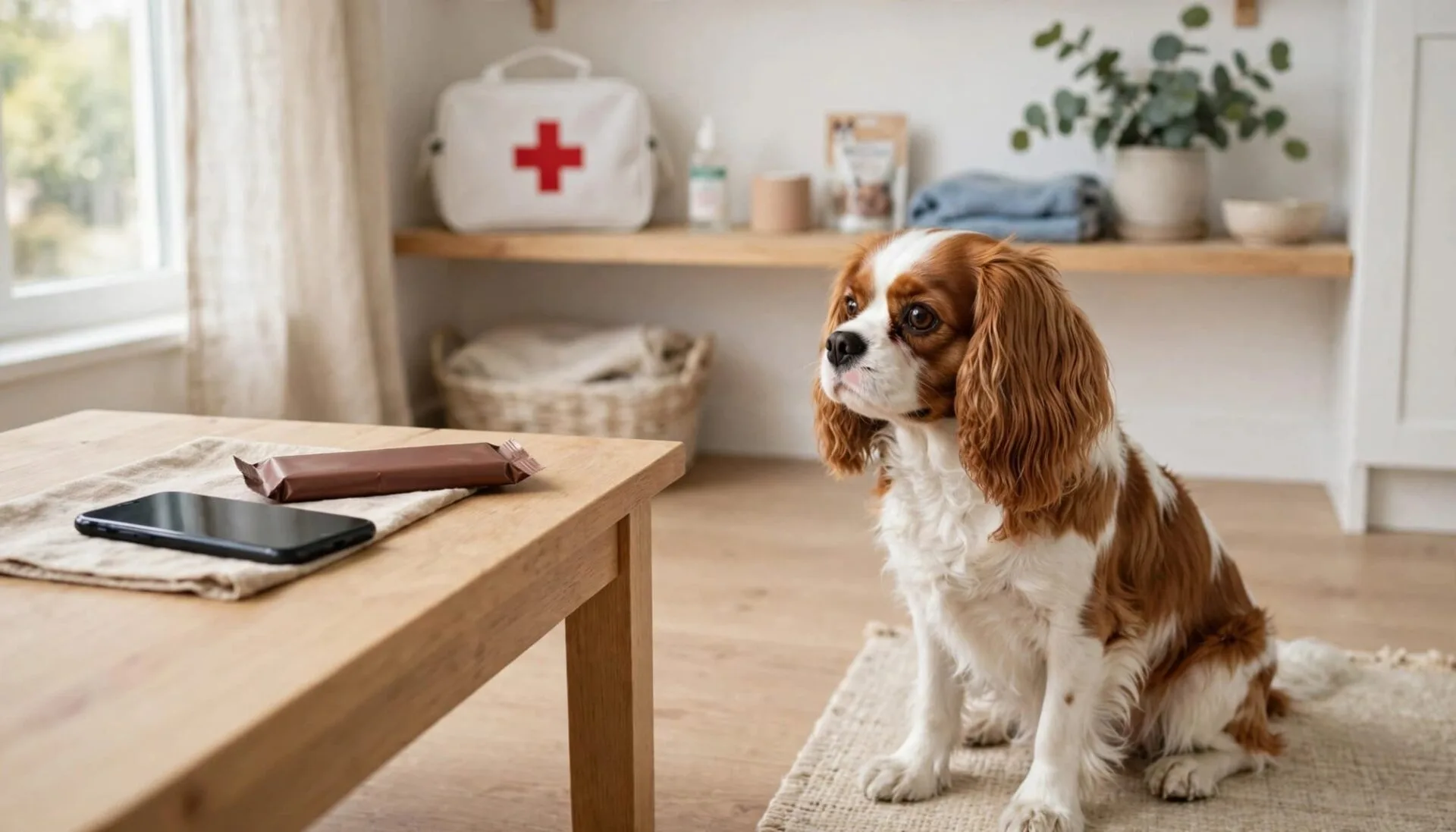 Un petit chien assis près d'un téléphone et d'un chocolat fermé.
