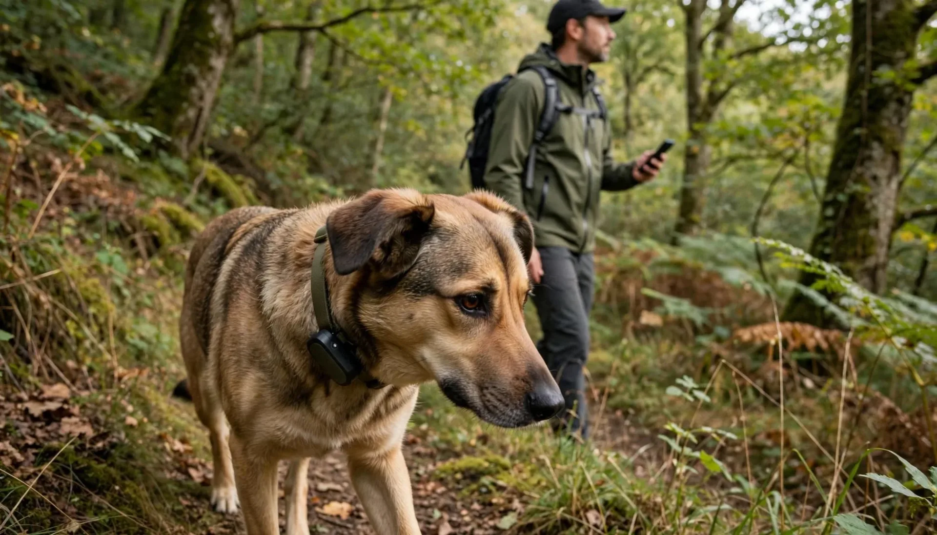 Un chien marche en forêt avec une personne tenant un smartphone.