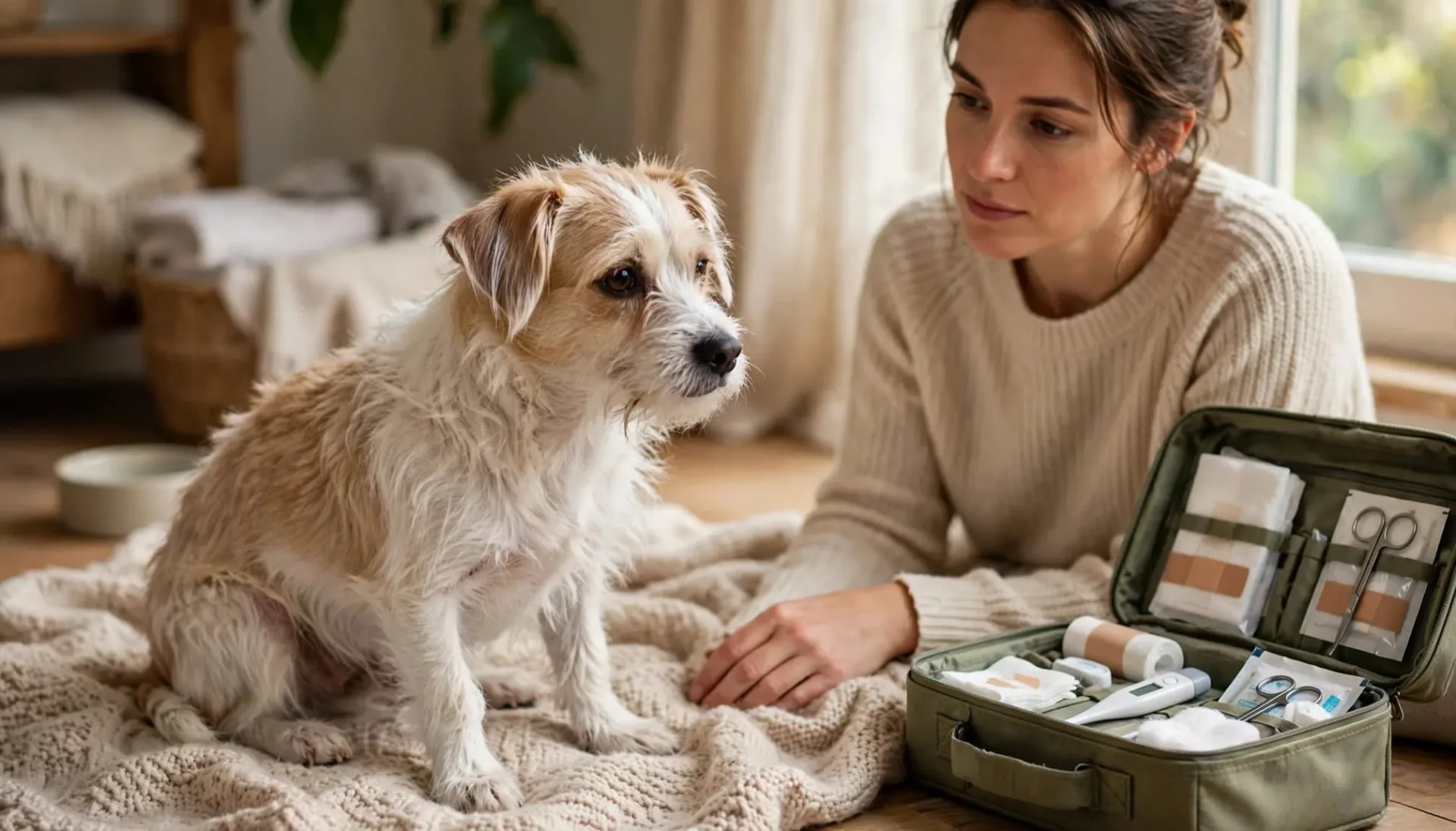 Un petit chien tremble près de son propriétaire, sur une couverture douce.
