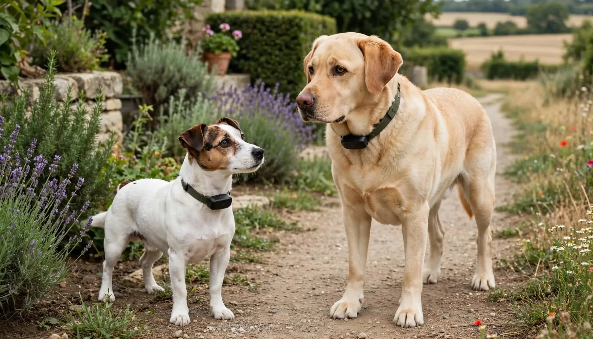 Deux chiens, petit et grand, portent des colliers avec traceurs dans un jardin.