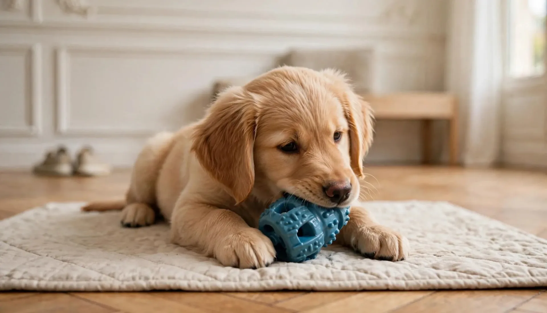Un chiot doré mâche un jouet sur un tapis dans un salon lumineux.