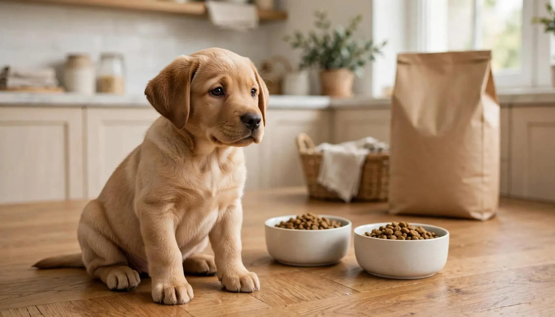 Un chiot Labrador sable assis près de deux bols de croquettes dans une cuisine lumineuse.