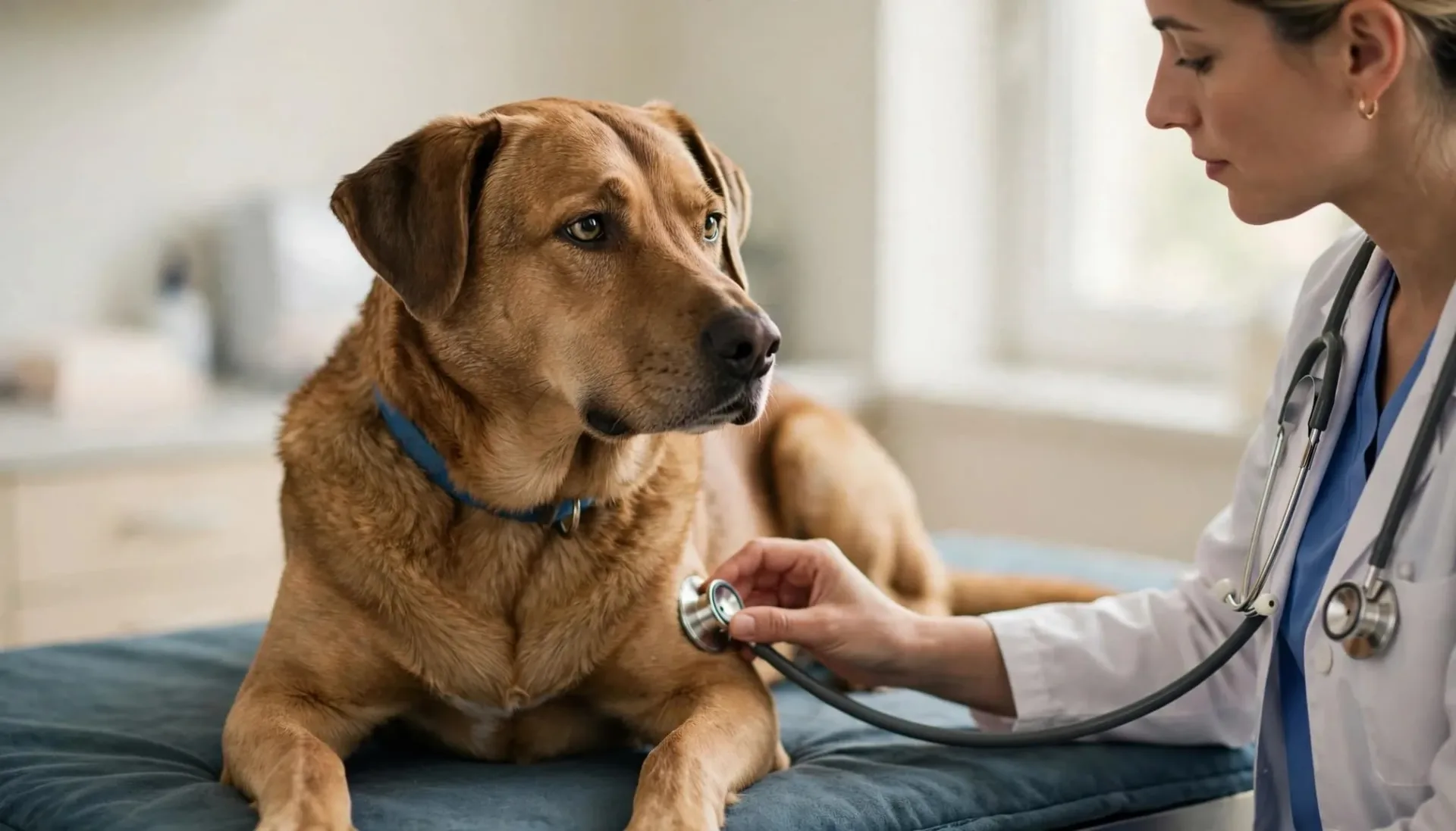 Une vétérinaire ausculte doucement un chien sur une table d'examen.