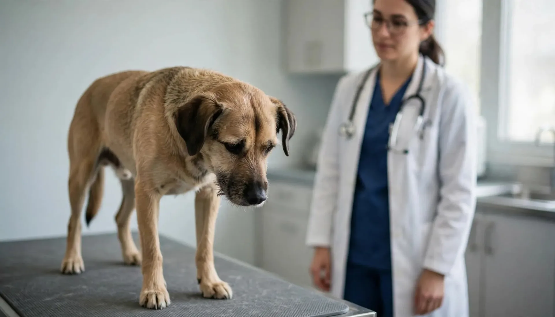 Un chien debout sur une table face à une vétérinaire.