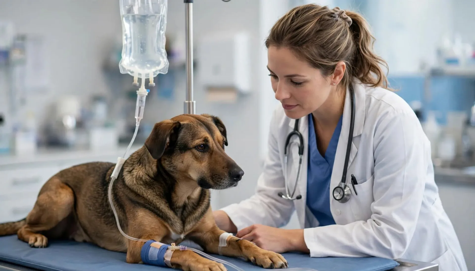Une v&eacute;t&eacute;rinaire examine un chien sur une table avec une poche de perfusion visible.