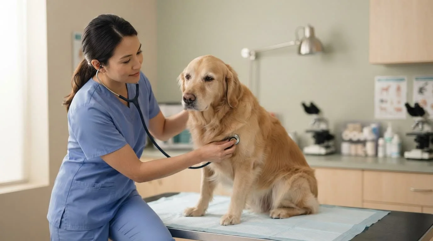 Un v&eacute;t&eacute;rinaire ausculte doucement un chien assis dans une salle de consultation.