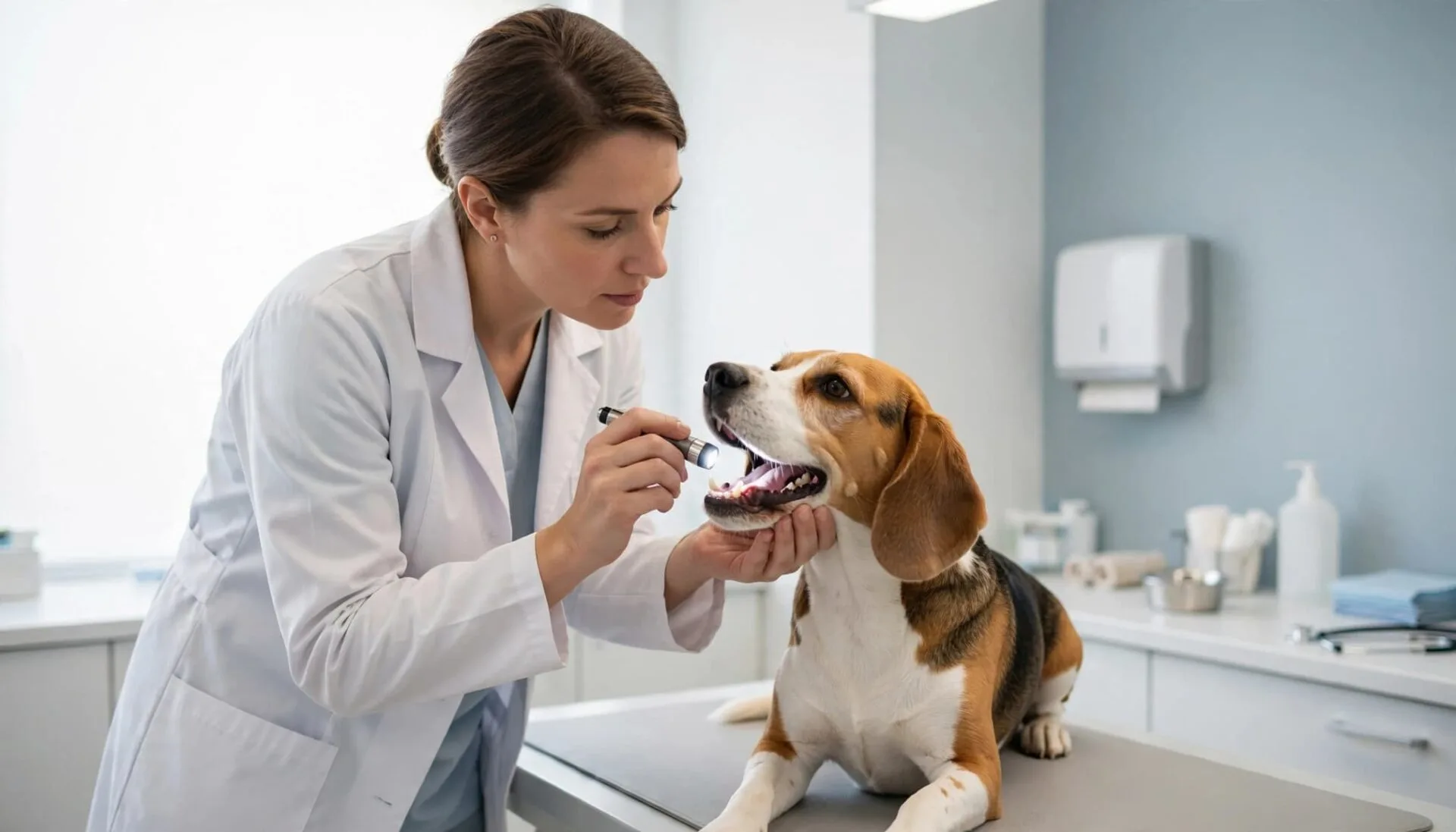 Un v&eacute;t&eacute;rinaire examine doucement la bouche d'un chien dans une salle claire.