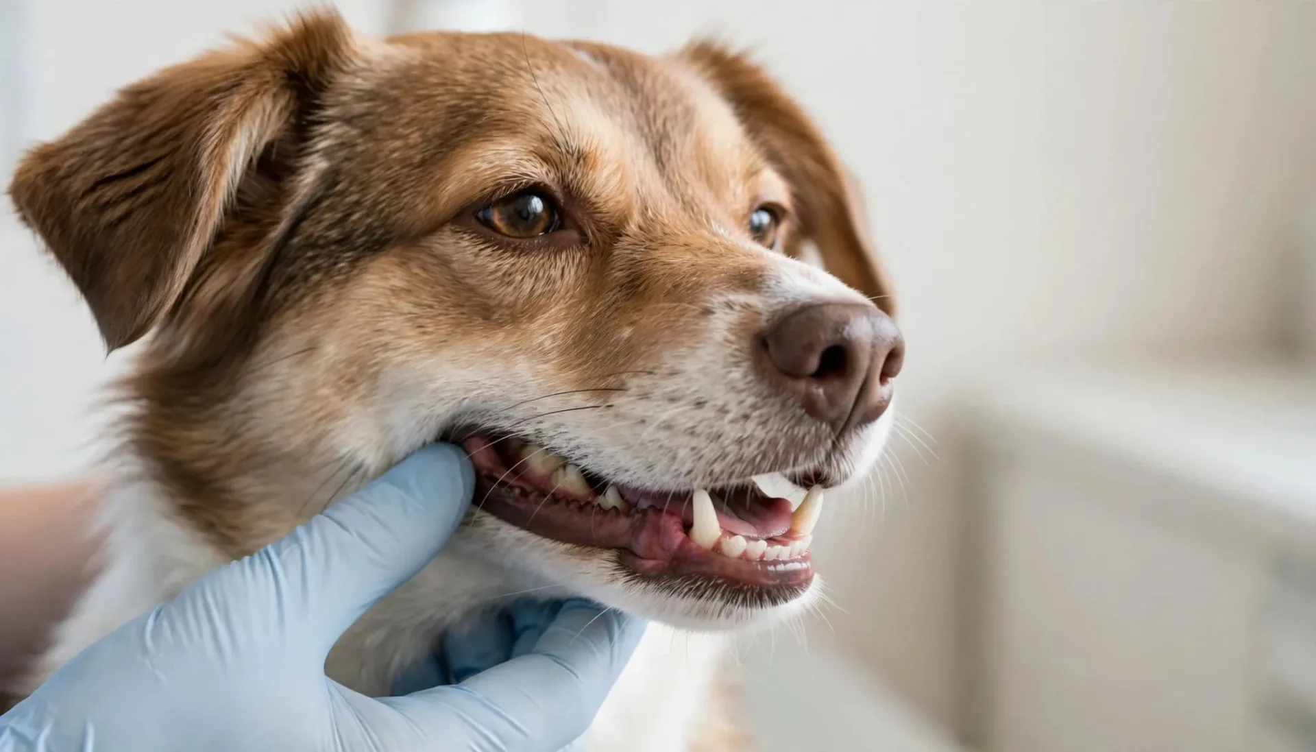Un chien montre ses dents et ses gencives pendant un examen vétérinaire.