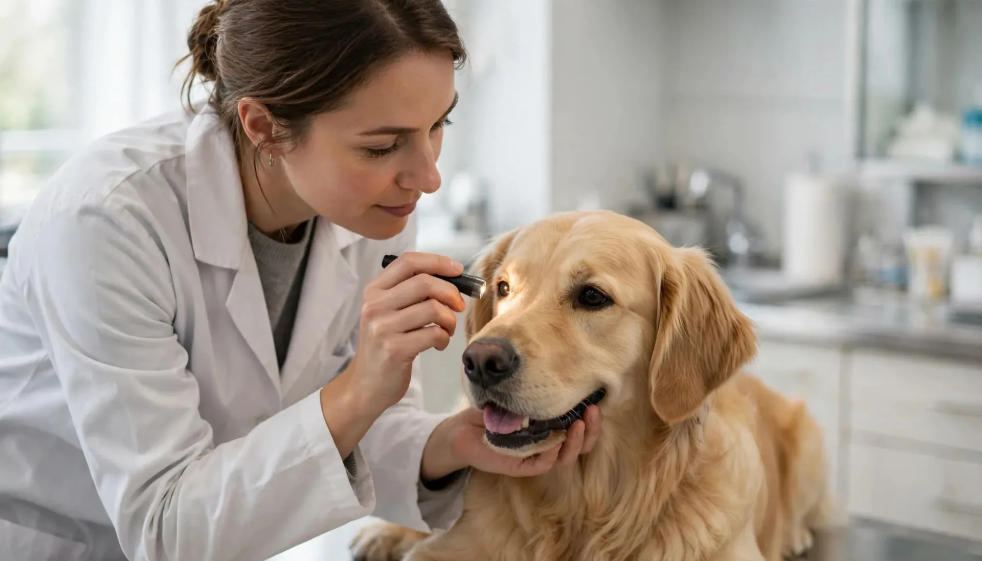 Une vétérinaire examine doucement l'œil d'un chien avec une petite lampe.