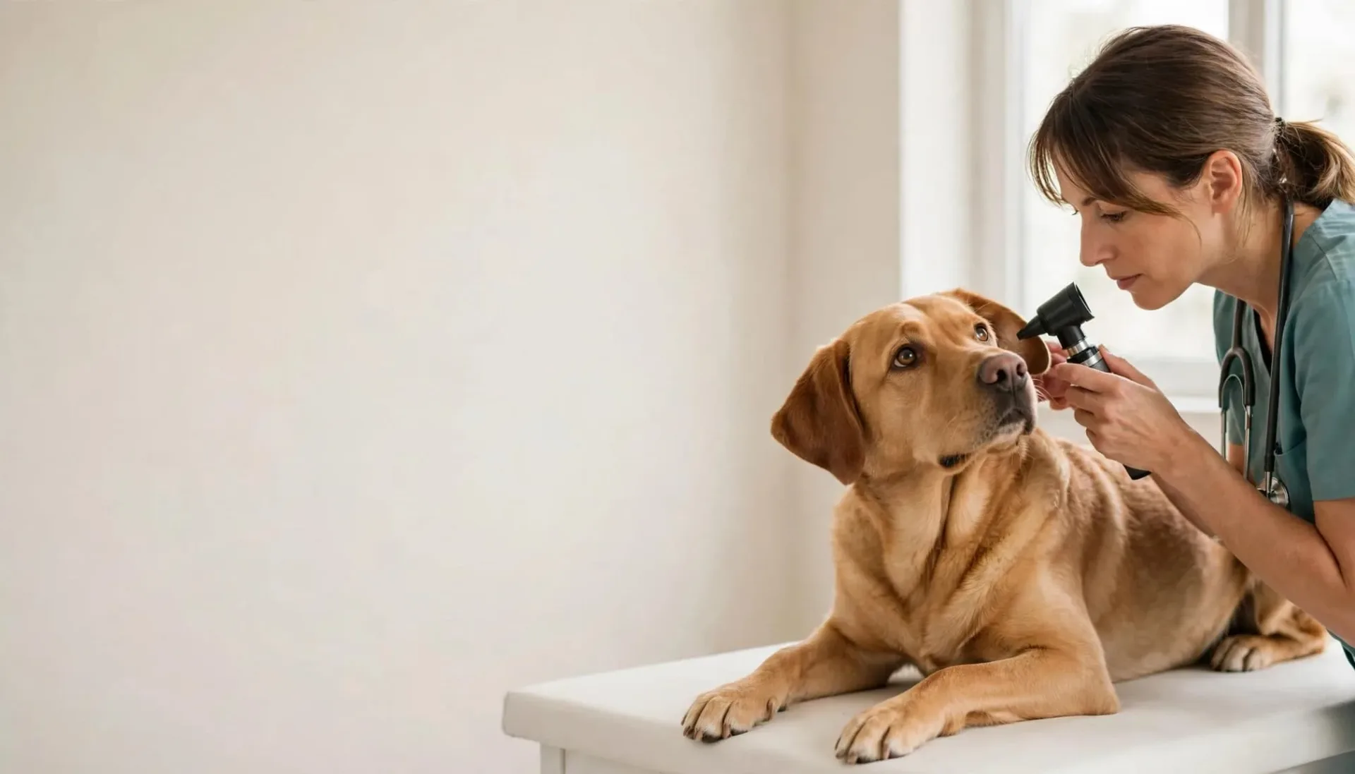 Un chien incline la tête pendant qu'une vétérinaire examine son oreille avec un otoscope.
