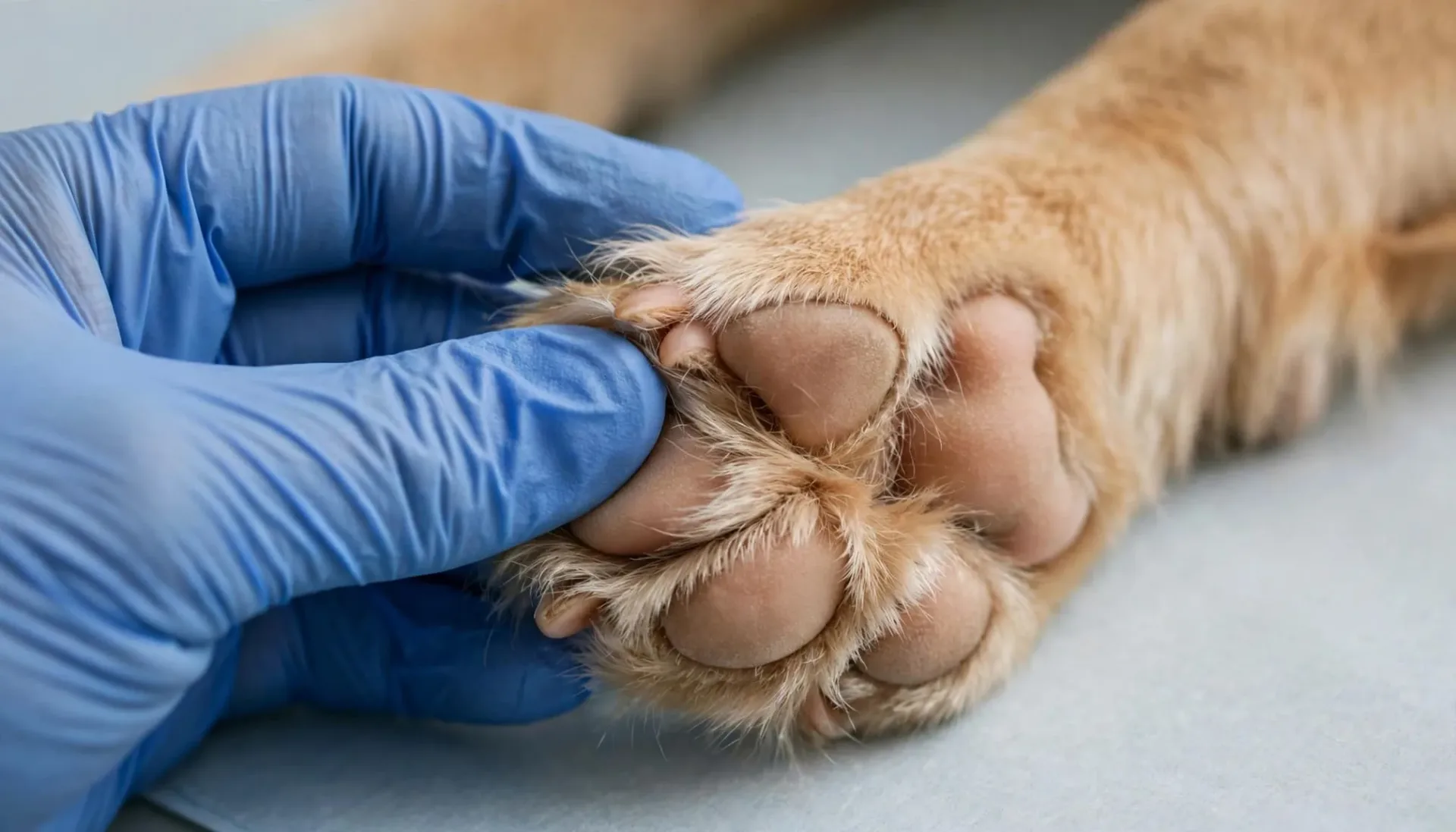 Une main gantée examine doucement les doigts d'une patte de chien.