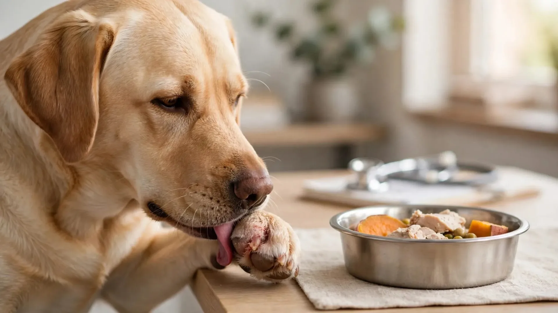 Un chien lèche sa patte irritée près d’une gamelle contenant un repas simple.