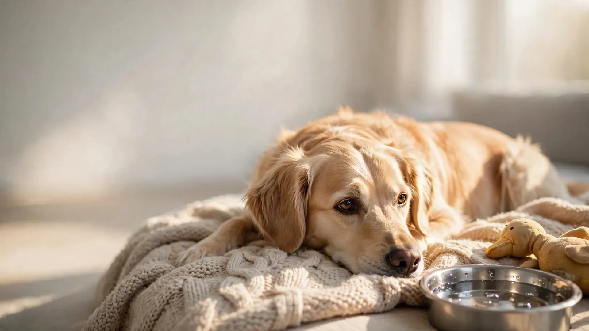 Un chien fatigué repose sur une couverture, près de sa gamelle d’eau et de son jouet.