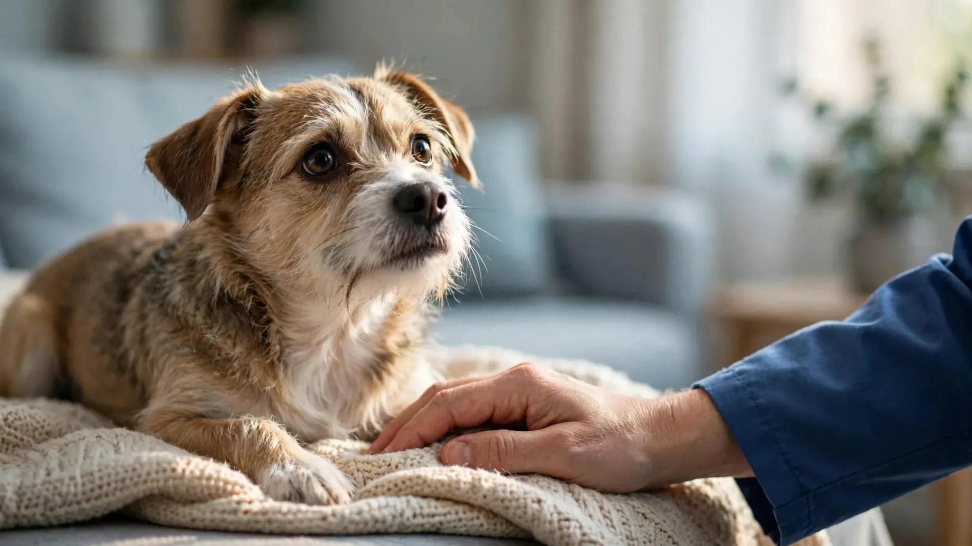 Un petit chien tremble sur une couverture, rassuré par la main d’un vétérinaire.