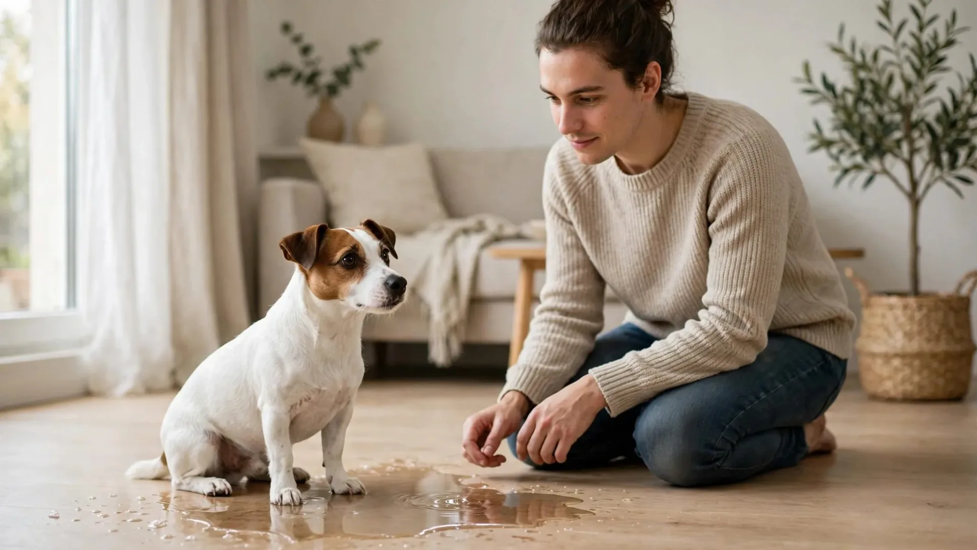 Un petit chien anxieux est assis près d’une flaque, tandis que son propriétaire s’accroupit à côté de lui.