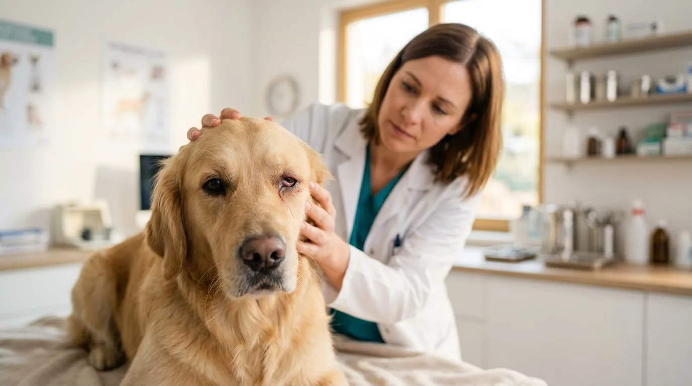 Un golden retriever montre un œil rougi tandis qu’une vétérinaire l’examine.